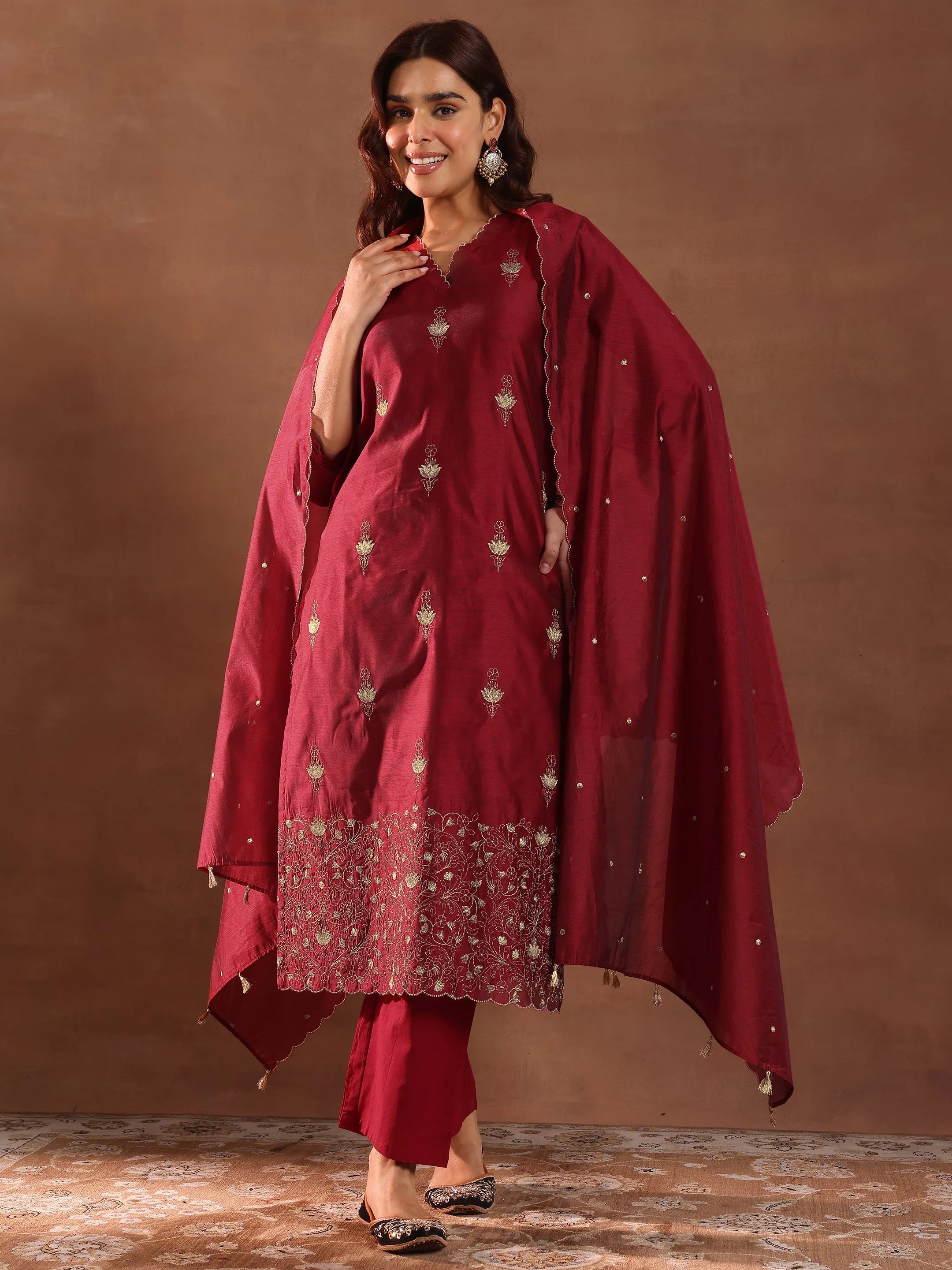 Maroon Embroidered Chanderi Silk Straight Suit With Dupatta-image-22