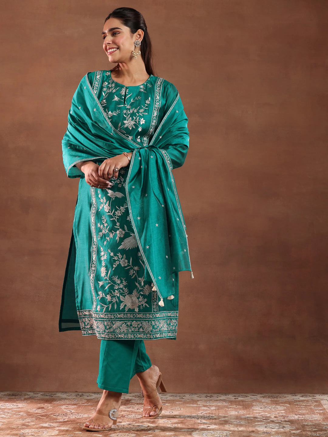 Teal Green Embroidered Chanderi Silk Straight Suit With Dupatta