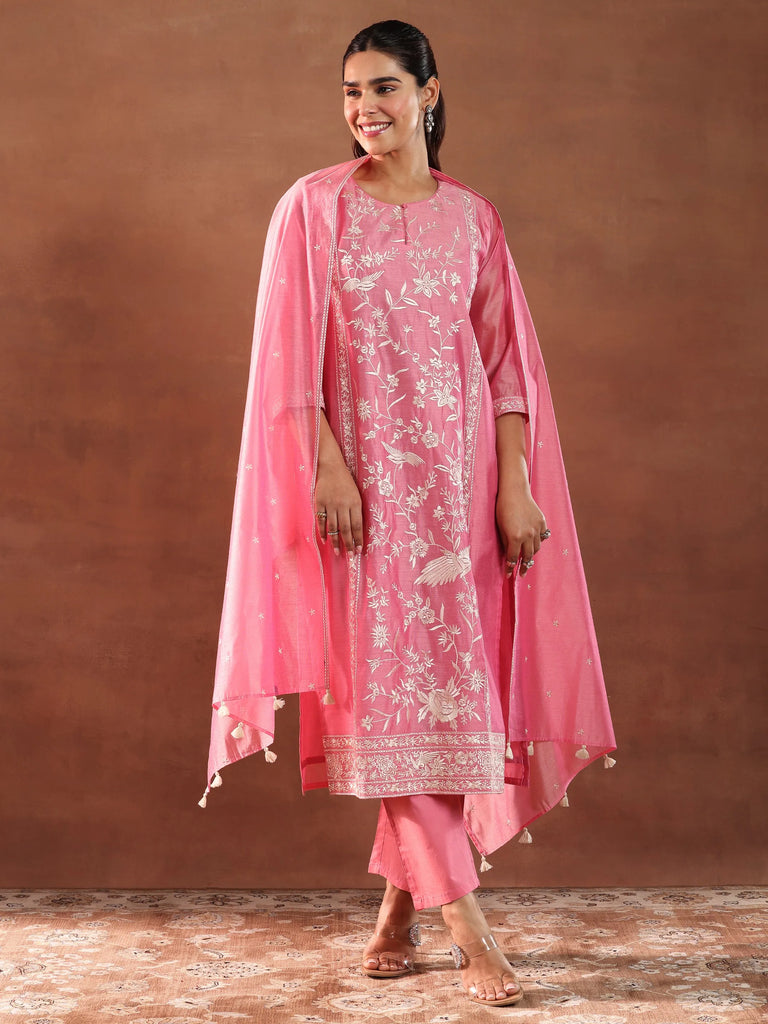Libas Coral Embroidered Chanderi Silk Straight Suit With Dupatta