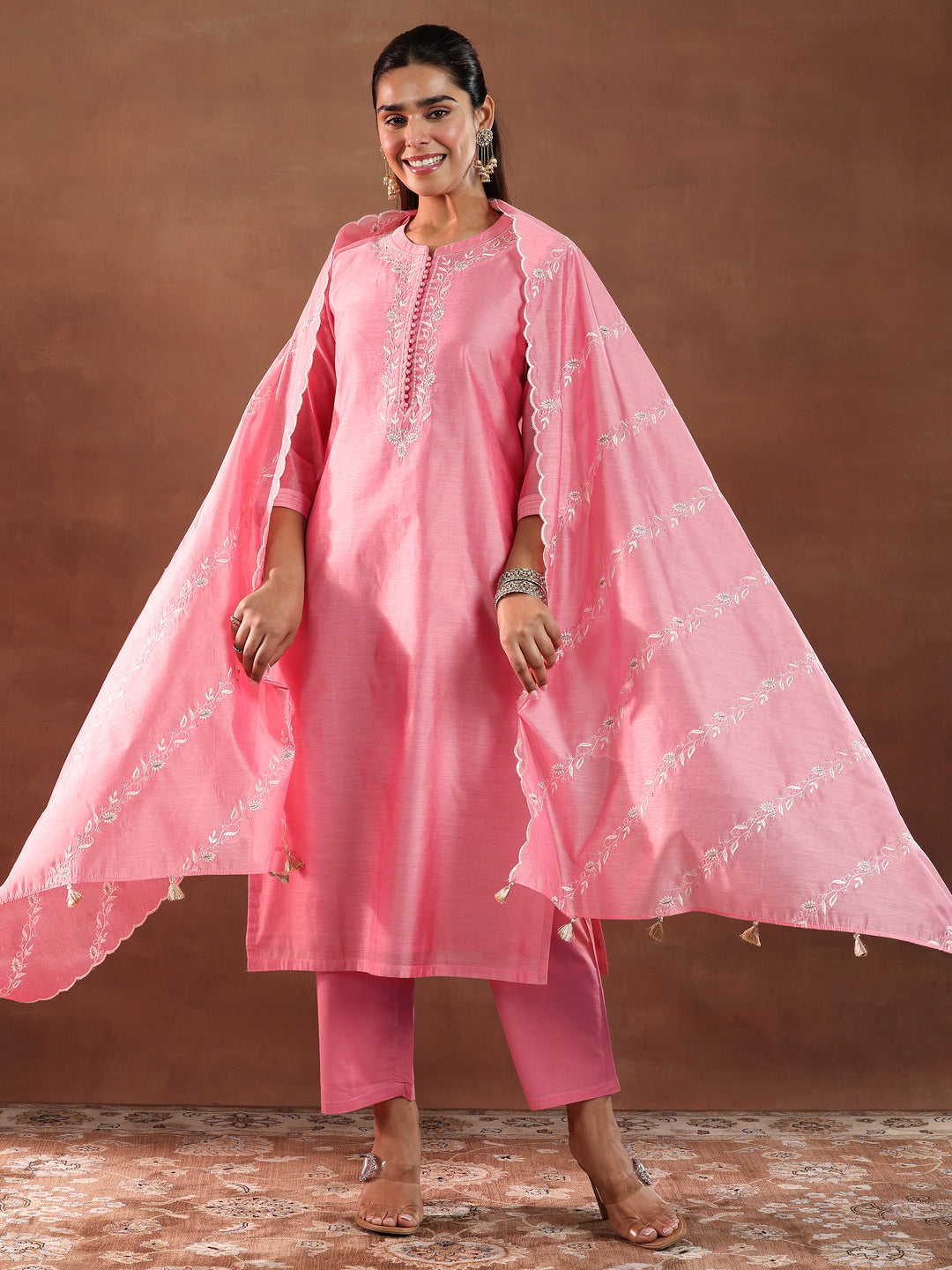  Coral Yoke Design Chanderi Silk Straight Suit With Dupatta 