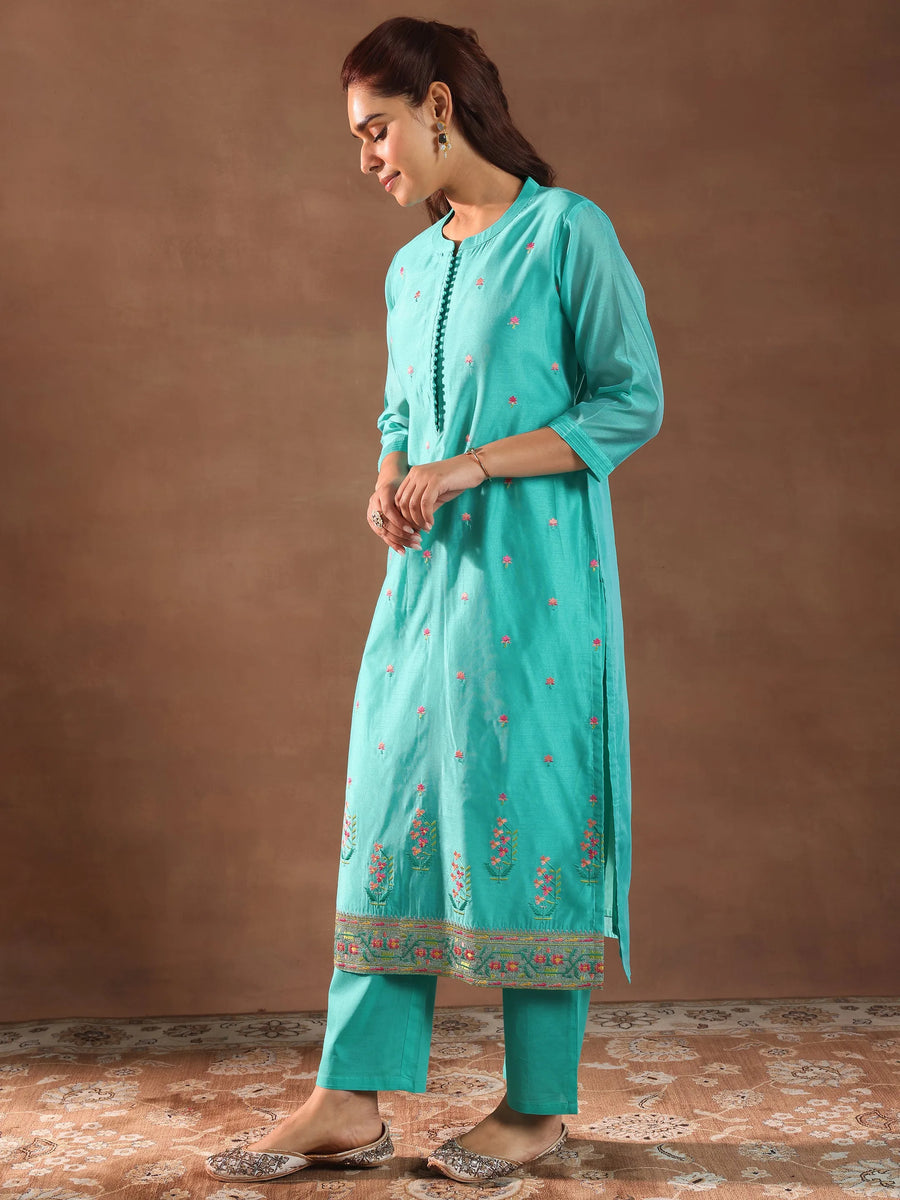 Turquoise Blue Woven Design Chanderi Silk Straight Suit With Dupatta