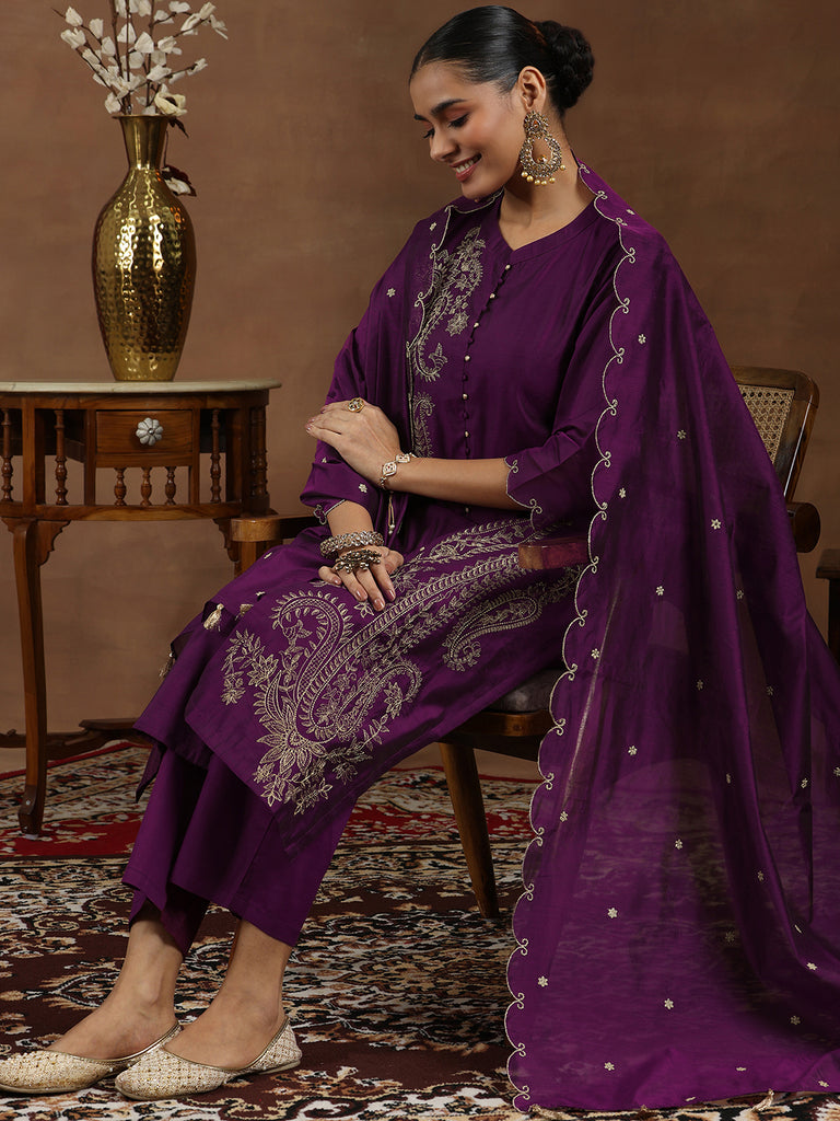 Libas Wine Embroidered Chanderi Silk Straight Suit With Dupatta