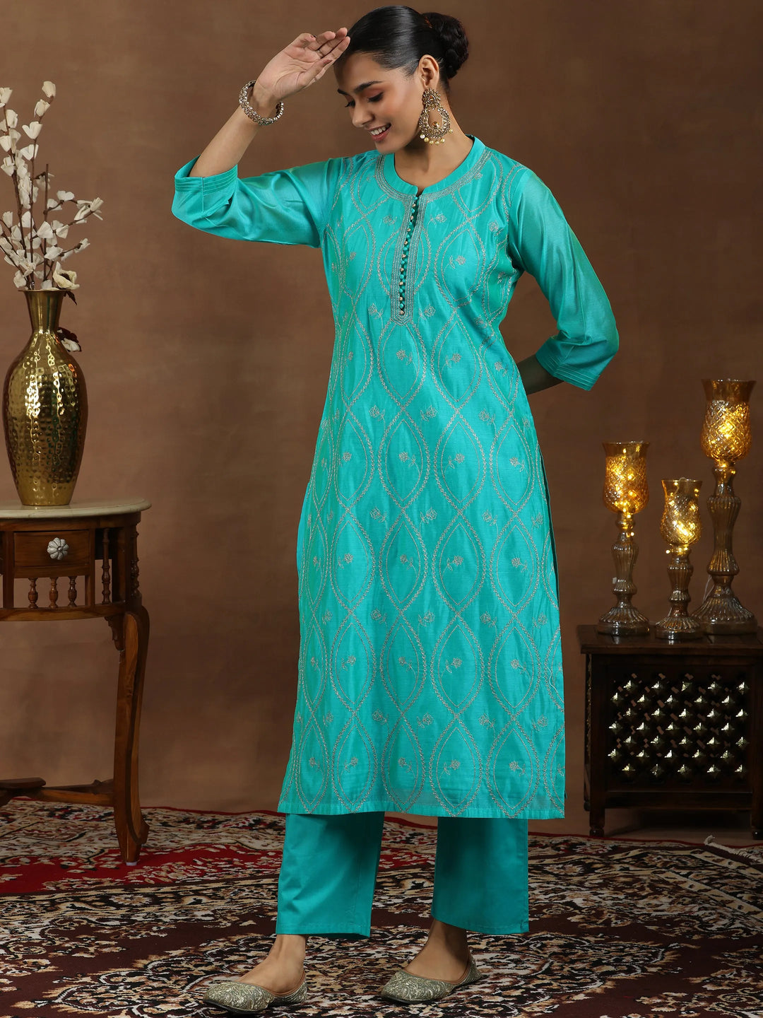  Green Embroidered Chanderi Silk Straight Suit With Dupatta 