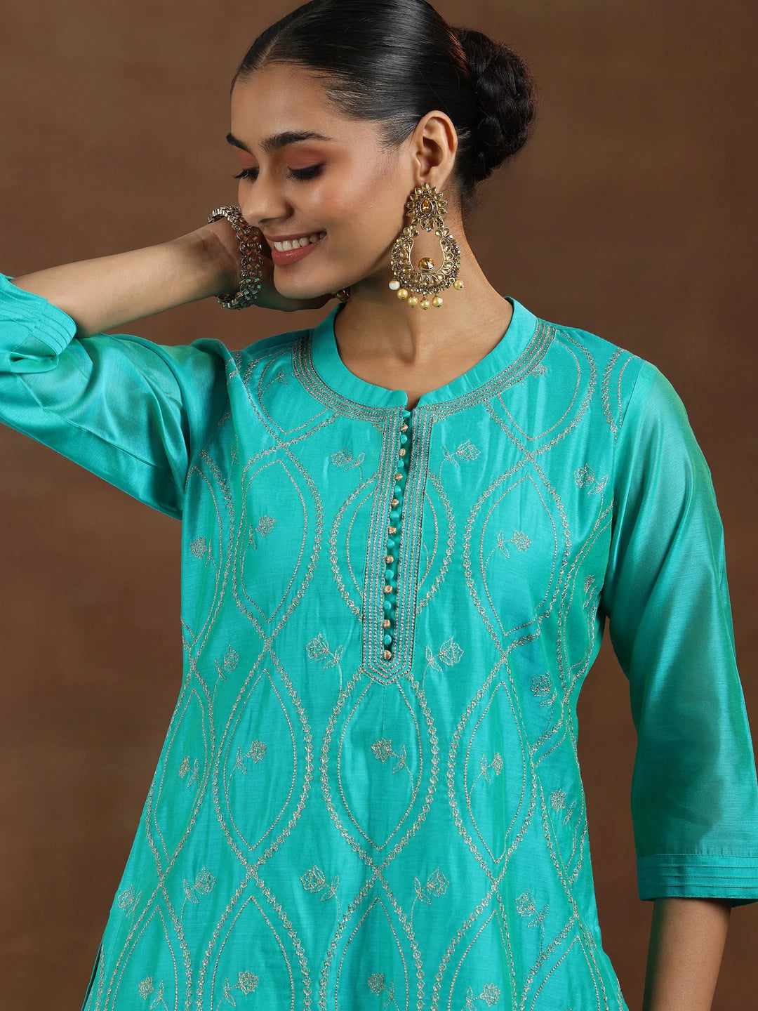  Green Embroidered Chanderi Silk Straight Suit With Dupatta 