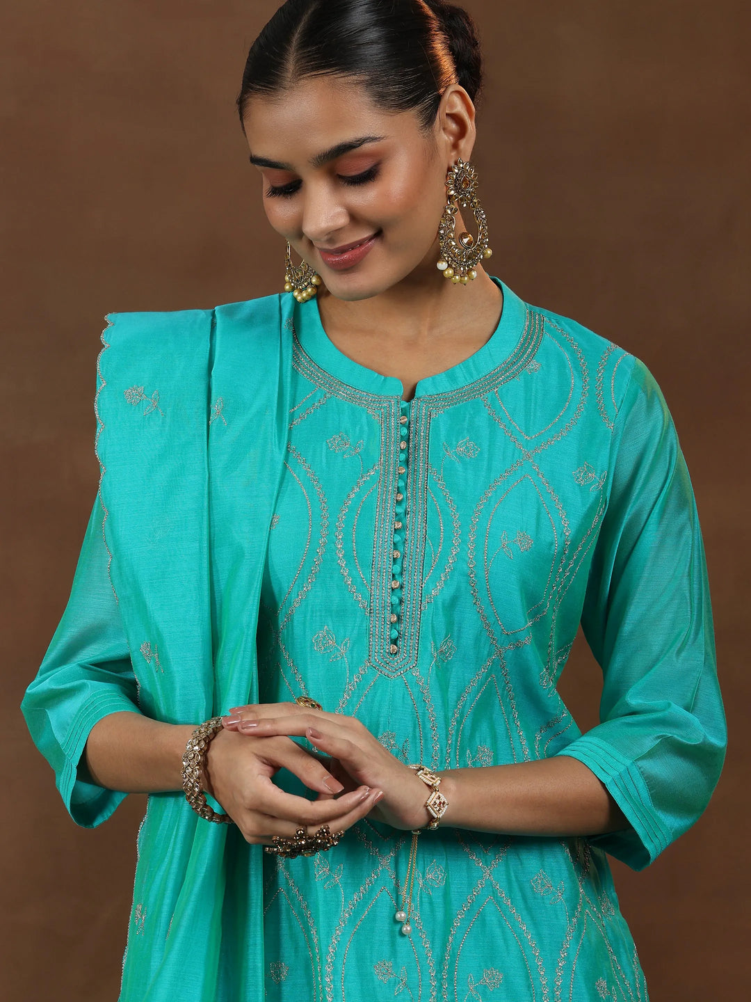  Green Embroidered Chanderi Silk Straight Suit With Dupatta 