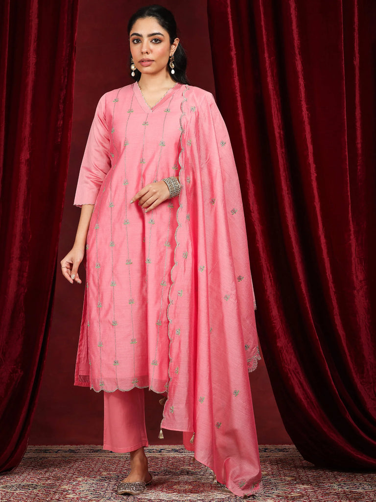 Libas Coral Embroidered Chanderi Silk Straight Suit With Dupatta