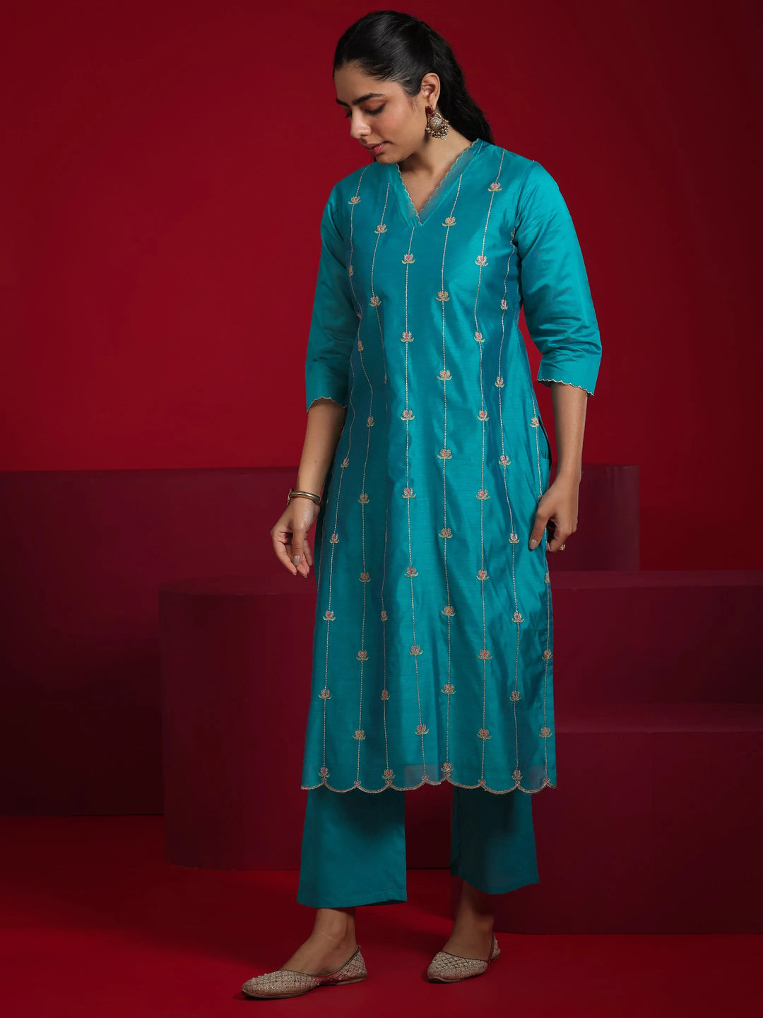  Libas Art Teal Embroidered Chanderi Silk Straight Suit With Dupatta 