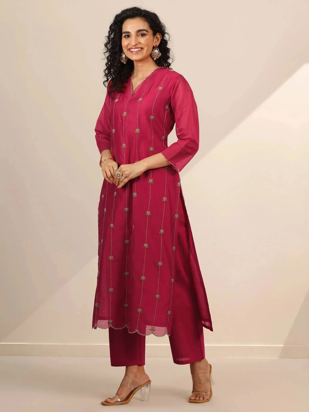  Libas Art Red Embroidered Chanderi Silk Straight Suit Set With Dupatta 