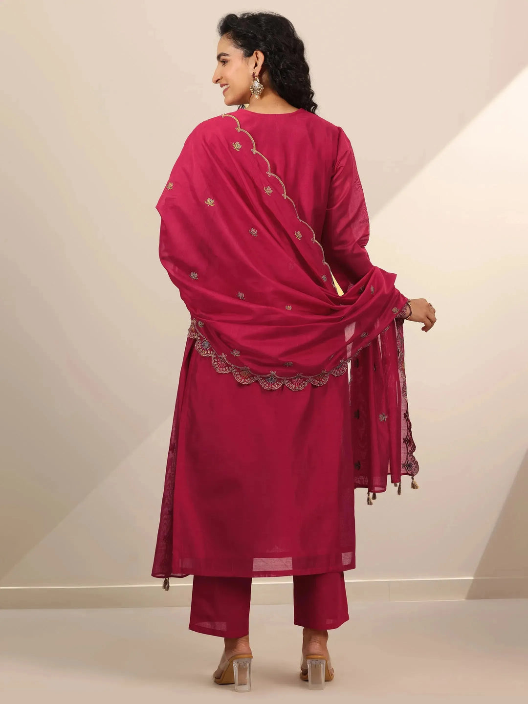  Libas Art Red Embroidered Chanderi Silk Straight Suit Set With Dupatta 