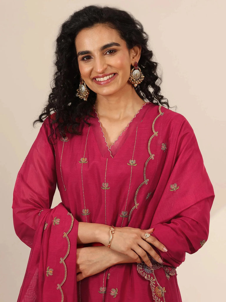 Libas Red Embroidered Chanderi Silk Straight Suit Set With Dupatta