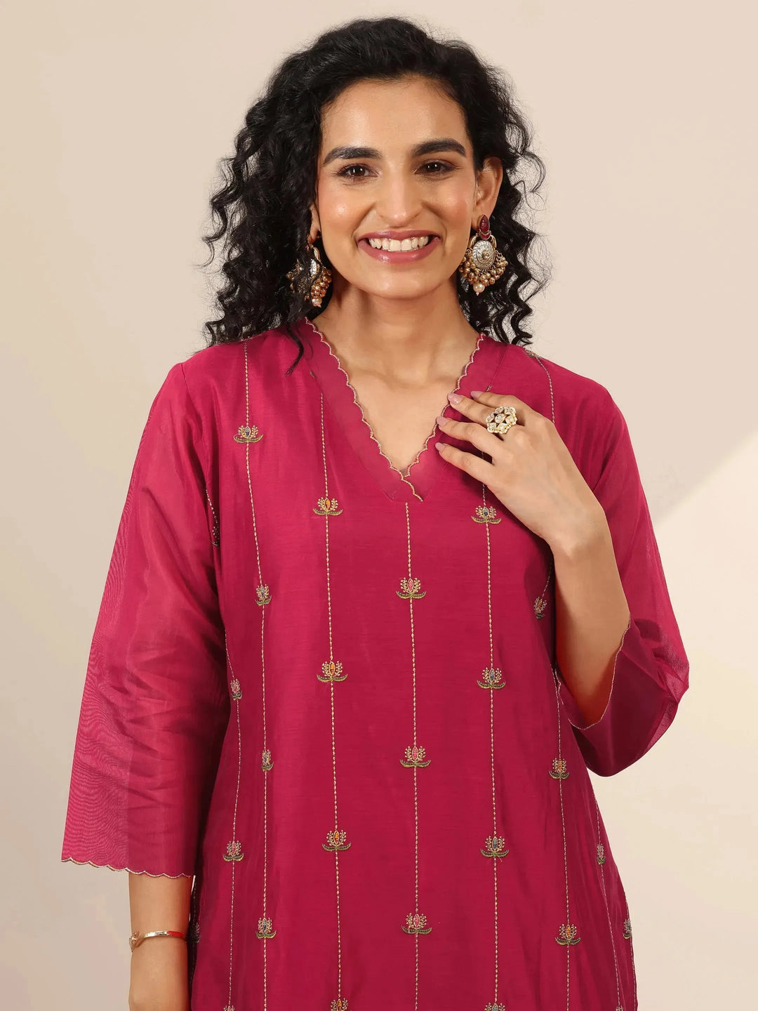  Libas Art Red Embroidered Chanderi Silk Straight Suit Set With Dupatta 