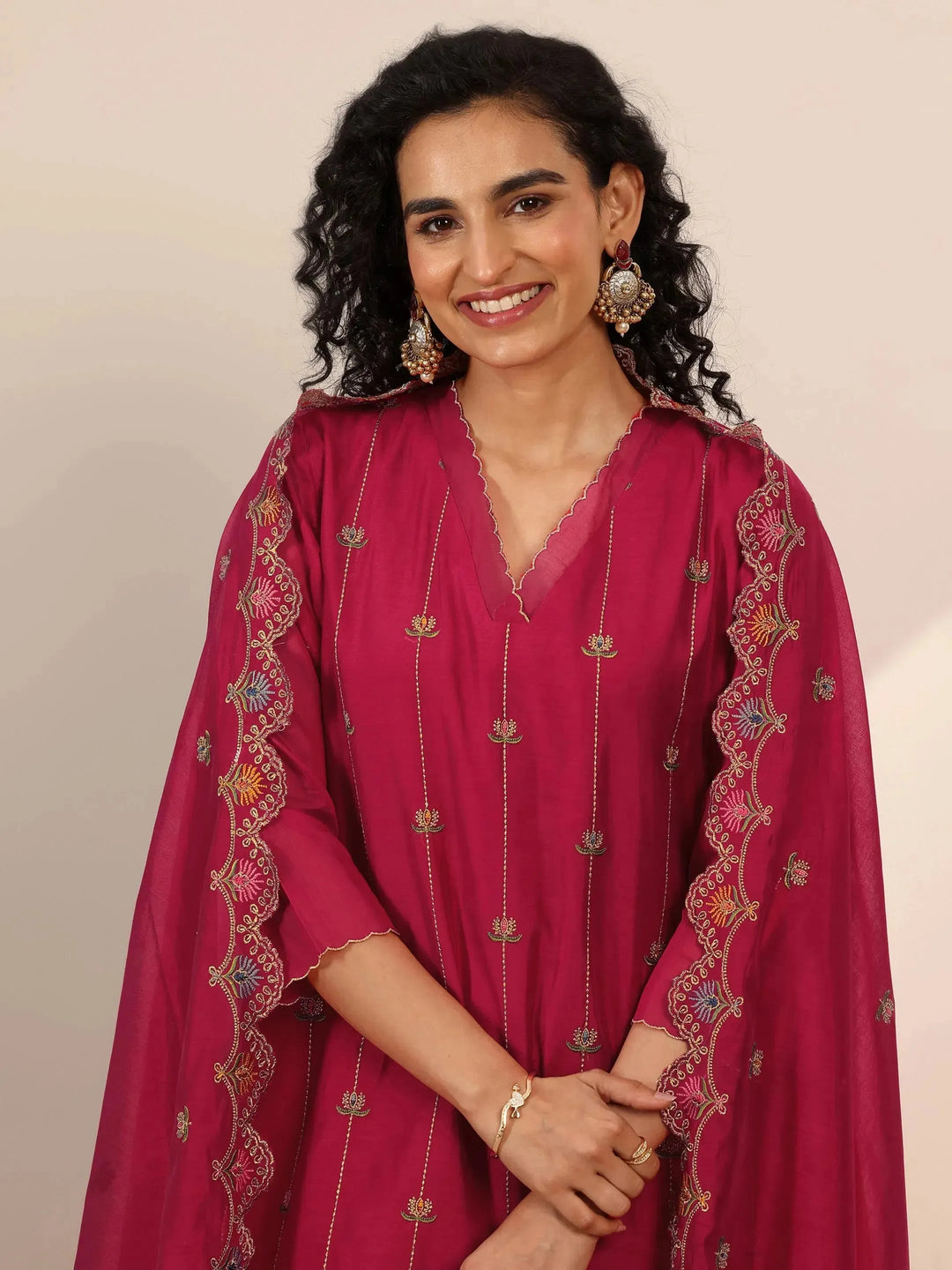  Libas Art Red Embroidered Chanderi Silk Straight Suit Set With Dupatta 