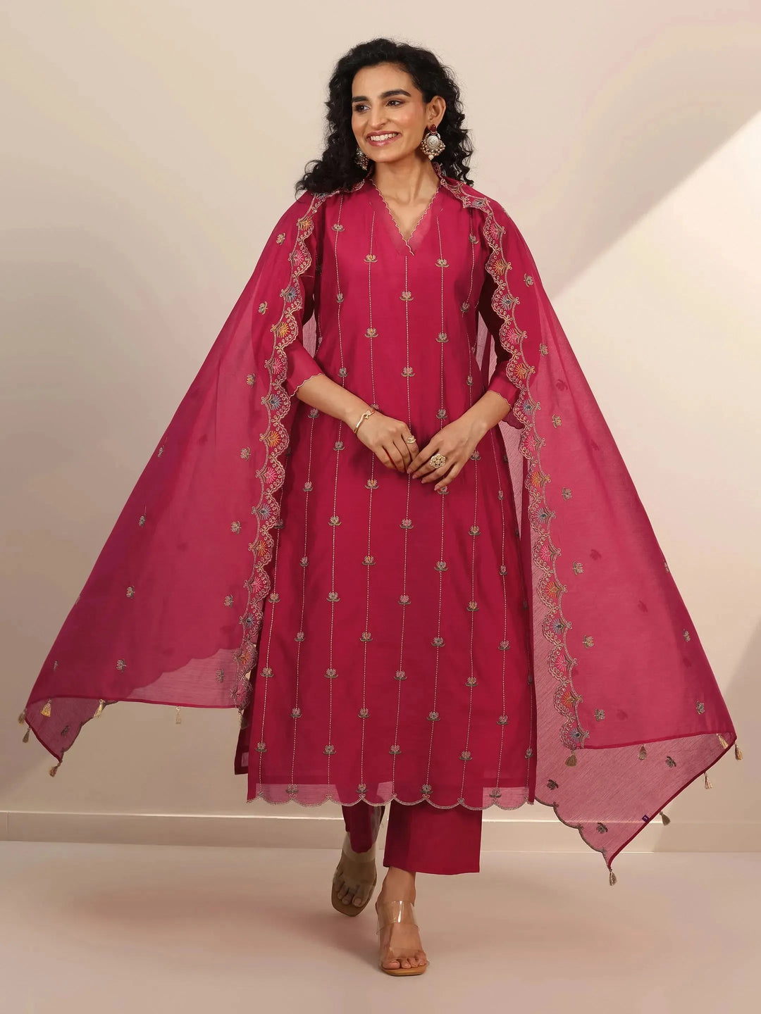  Libas Art Red Embroidered Chanderi Silk Straight Suit Set With Dupatta 