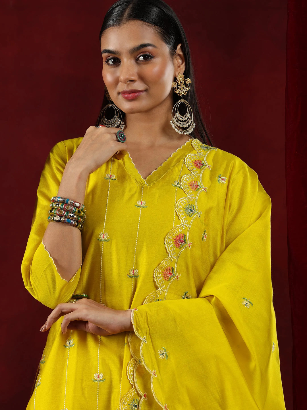  Libas Art Mustard Embroidered Chanderi Silk Straight Suit With Dupatta 