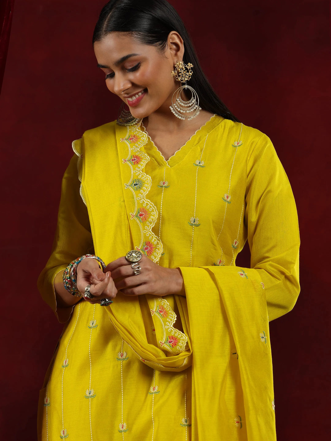 Libas Art Mustard Embroidered Chanderi Silk Straight Suit With Dupatta 