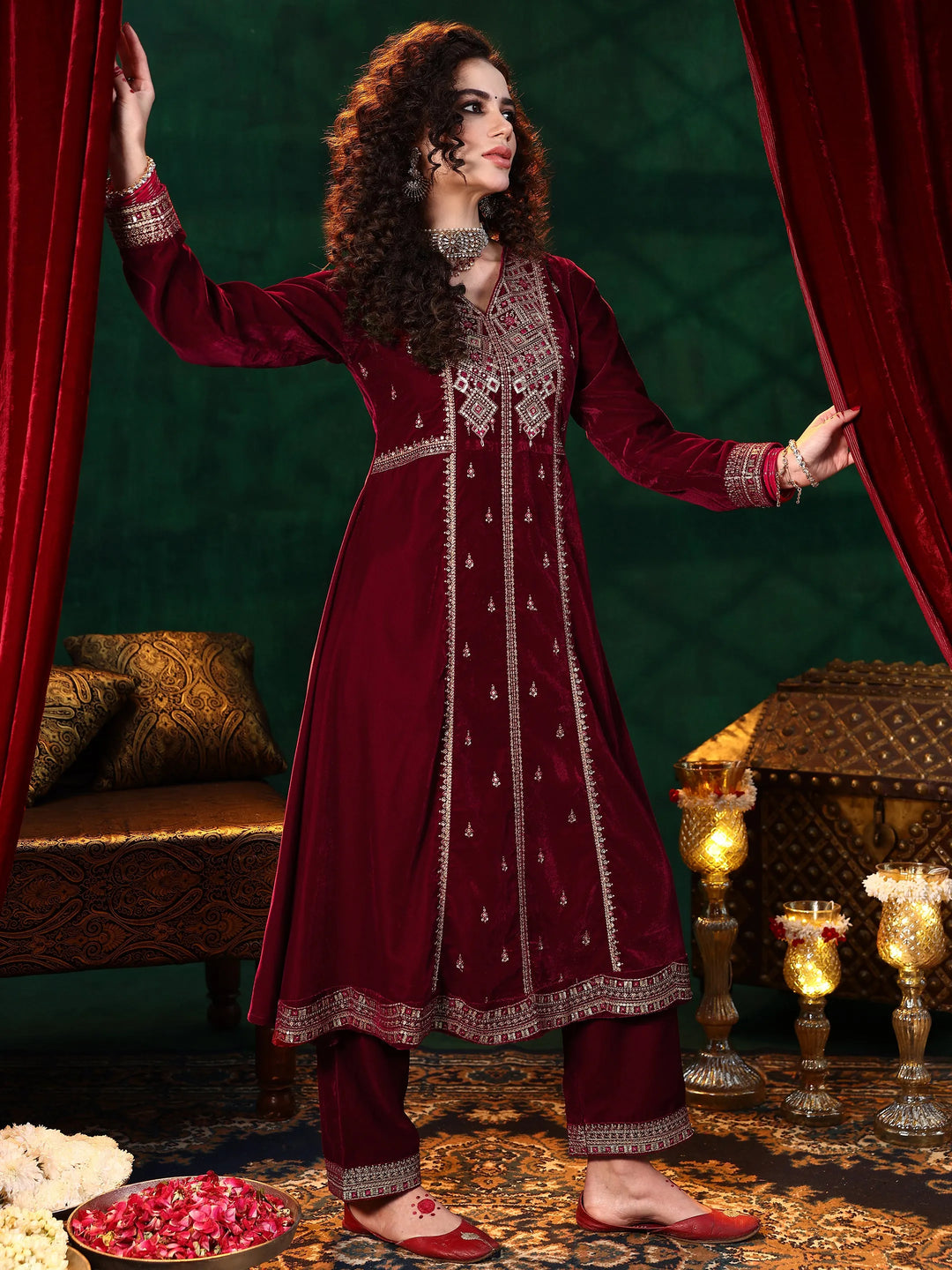  Maroon Embroidered Velvet A-line Kurta  With Trousers & Dupatta 
