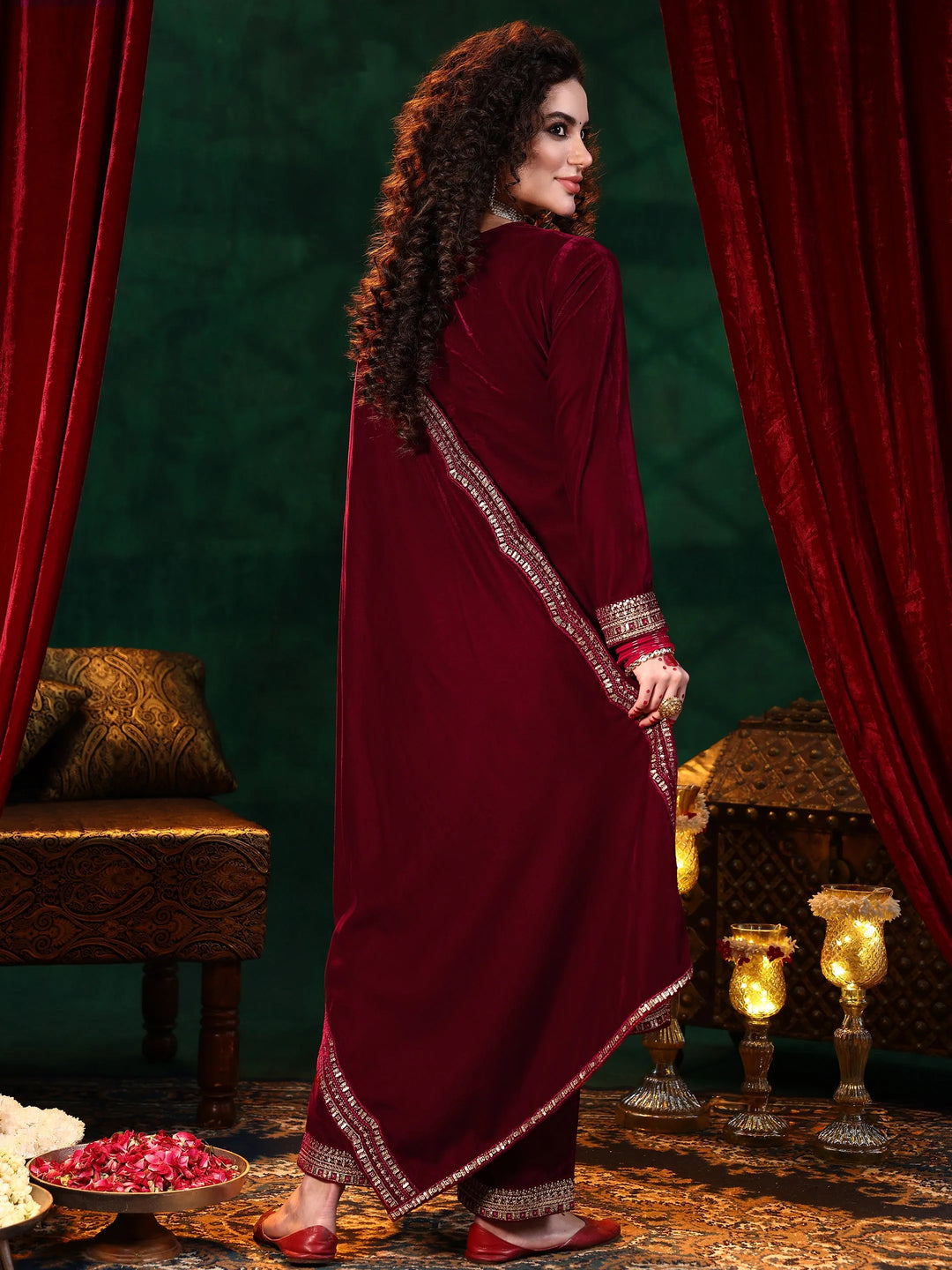  Maroon Embroidered Velvet A-line Kurta  With Trousers & Dupatta 