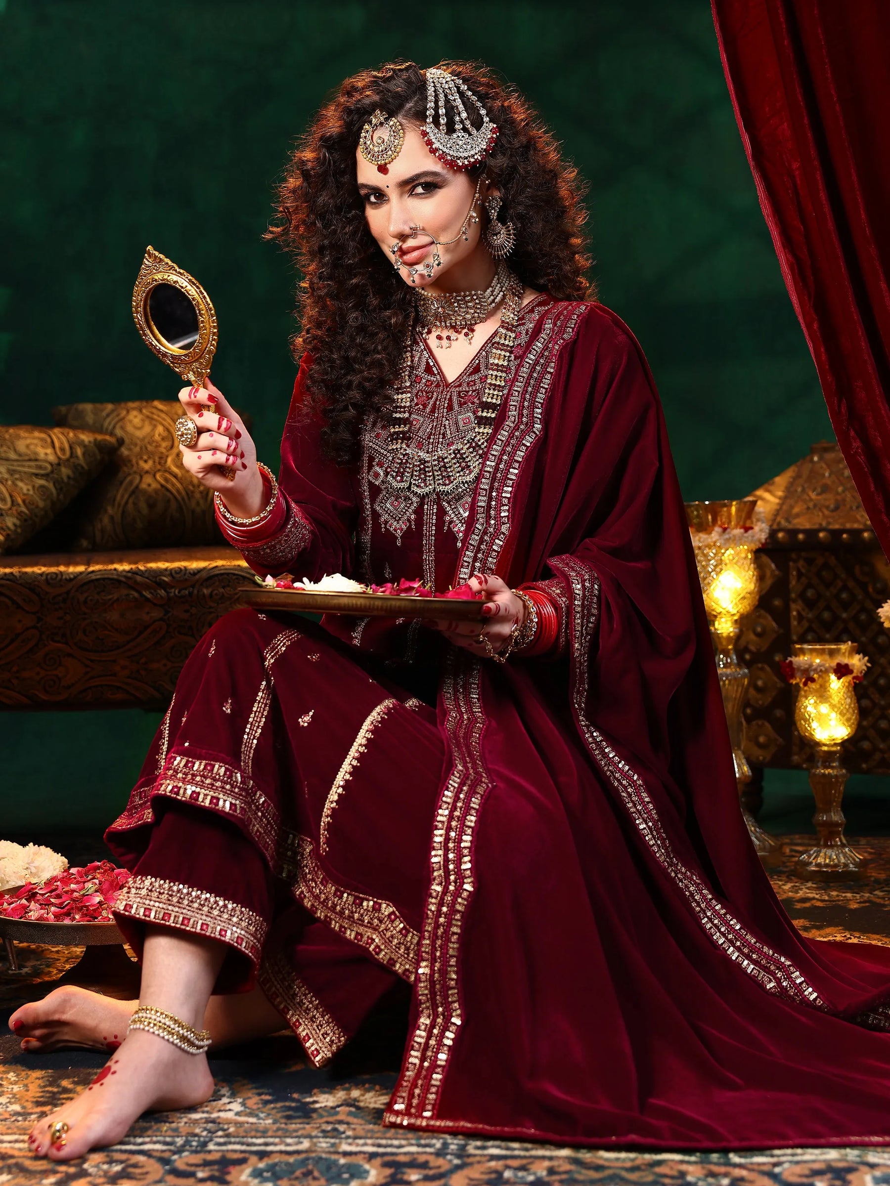 Maroon Embroidered Velvet A-line Kurta With Trousers & Dupatta