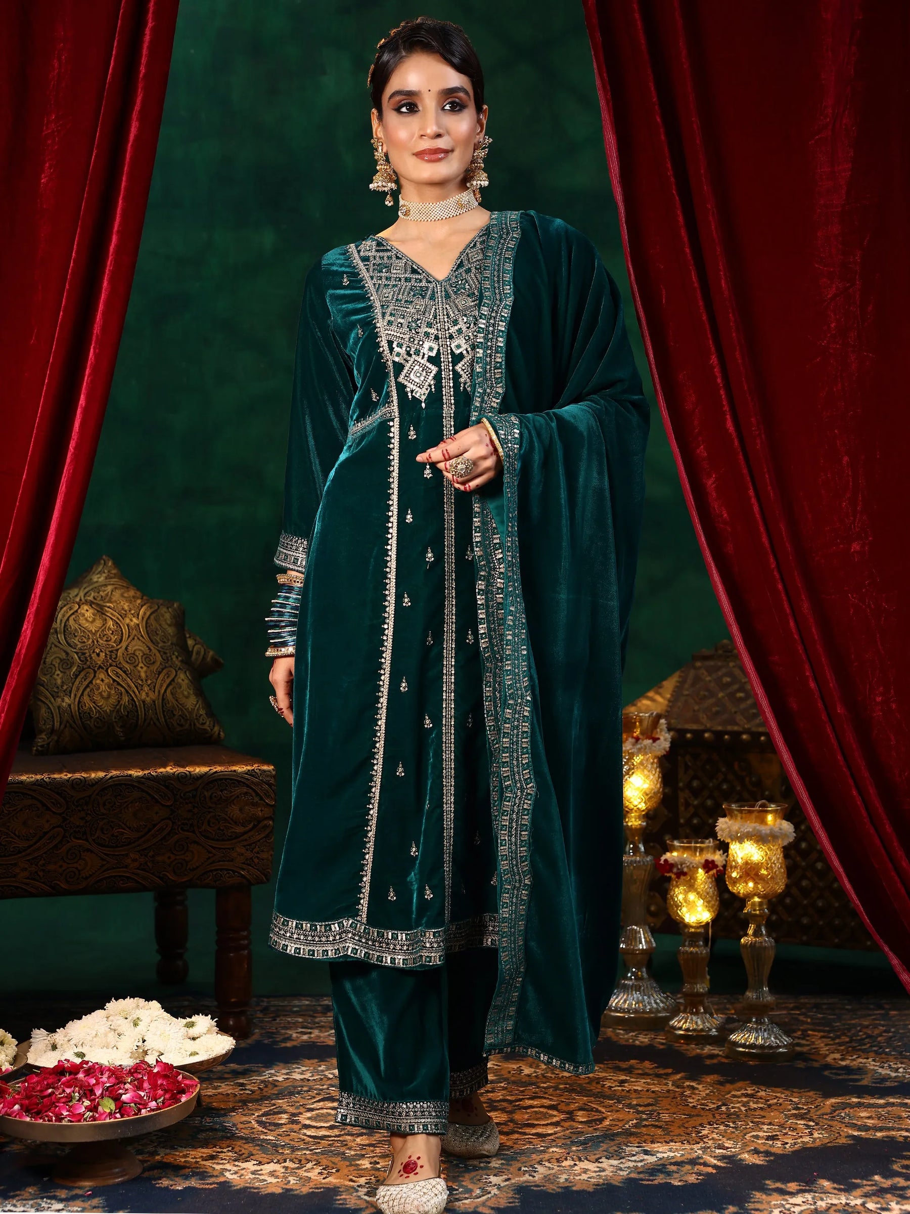 Green Embroidered Velvet A-line Kurta With Trousers & Dupatta