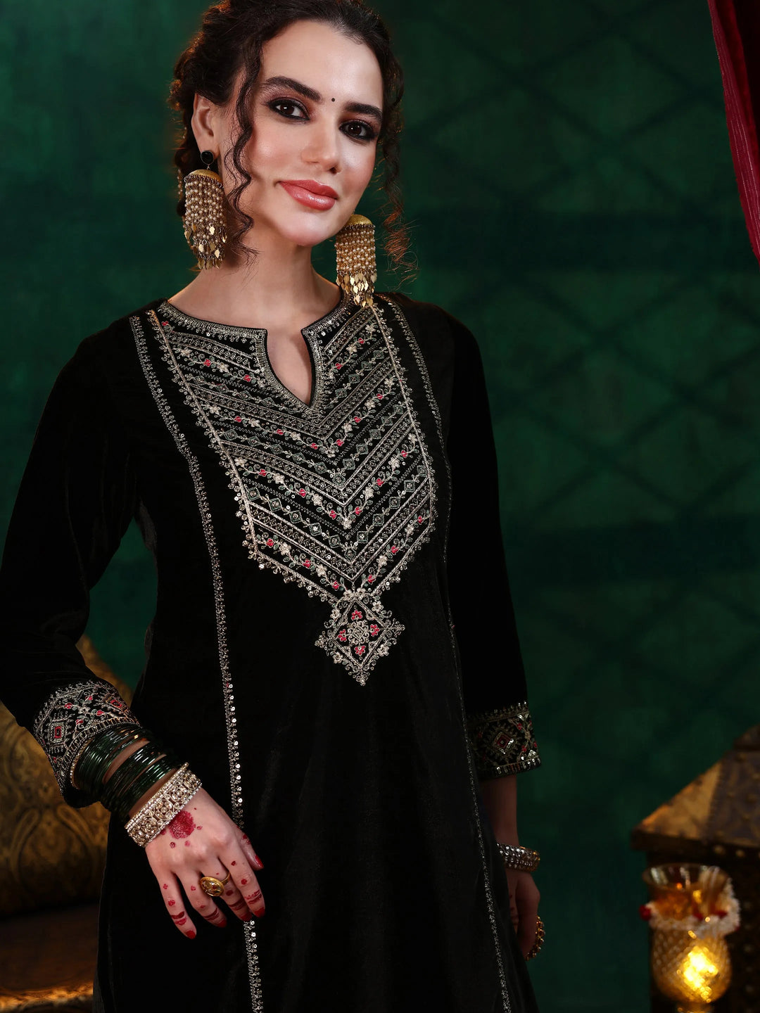 Black Embroidered Velvet Straight Suit With Dupatta 