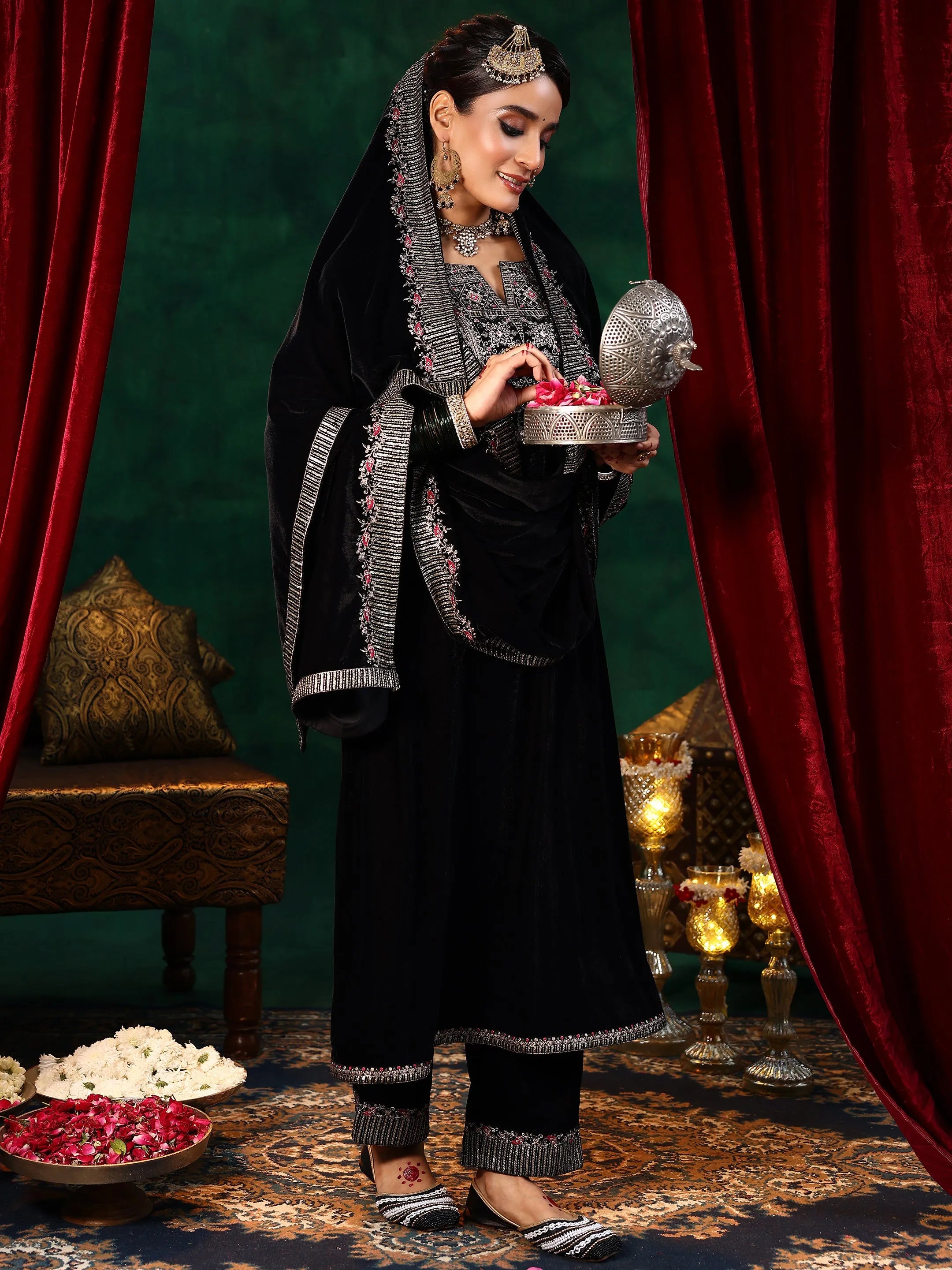 Black Embroidered Velvet A-line Kurta With Trousers & Dupatta-image-31
