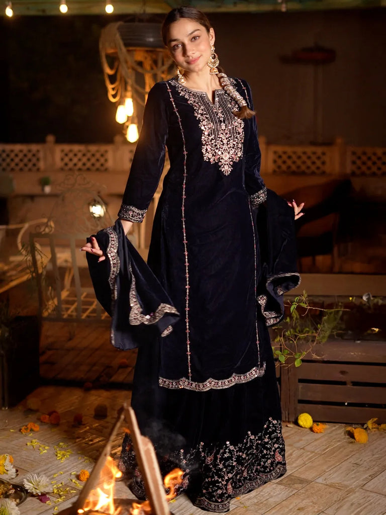 Libas Blue Embroidered Velvet Straight Suit With Dupatta