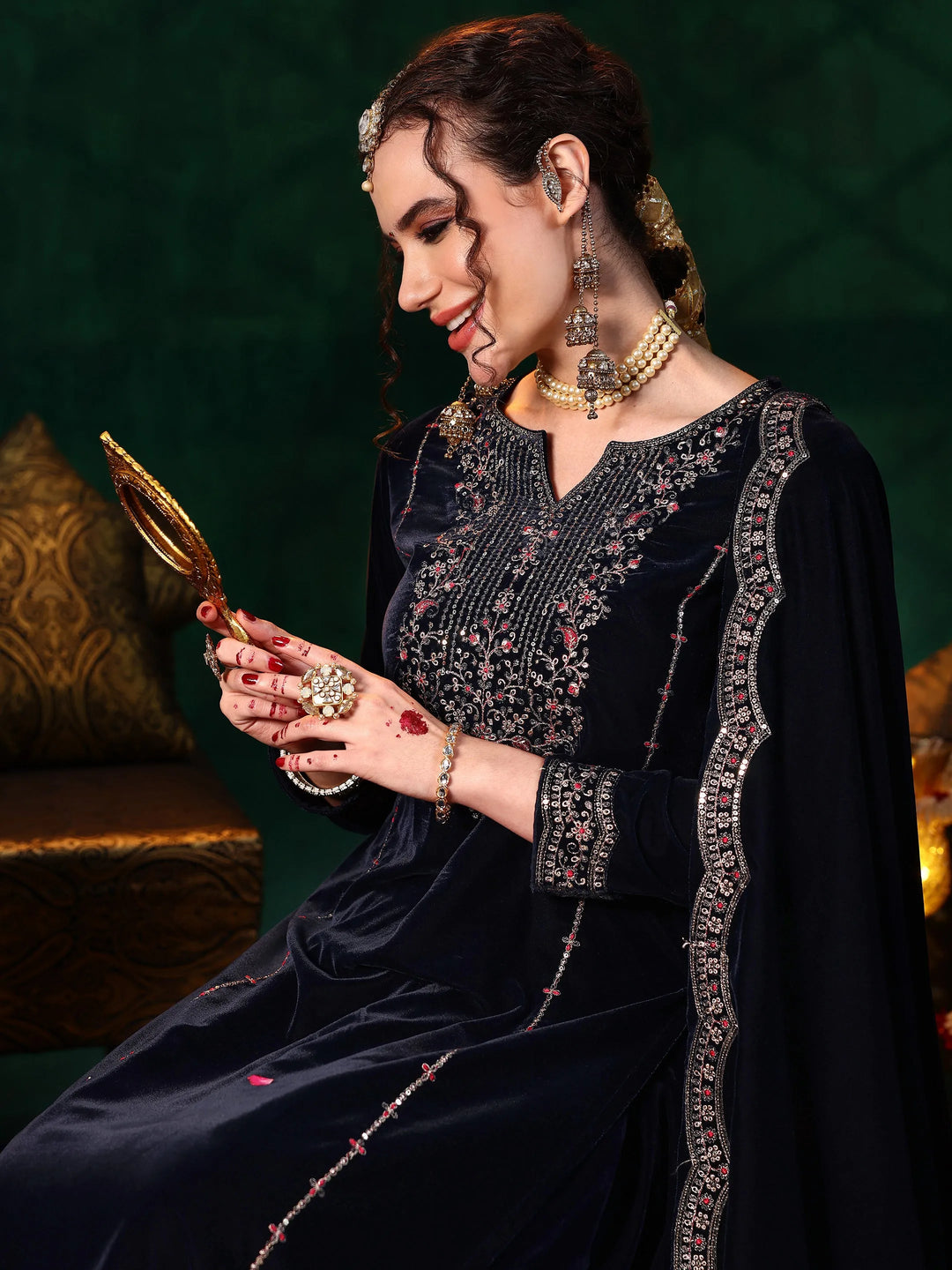  Blue Embroidered Velvet Straight Suit With Dupatta 