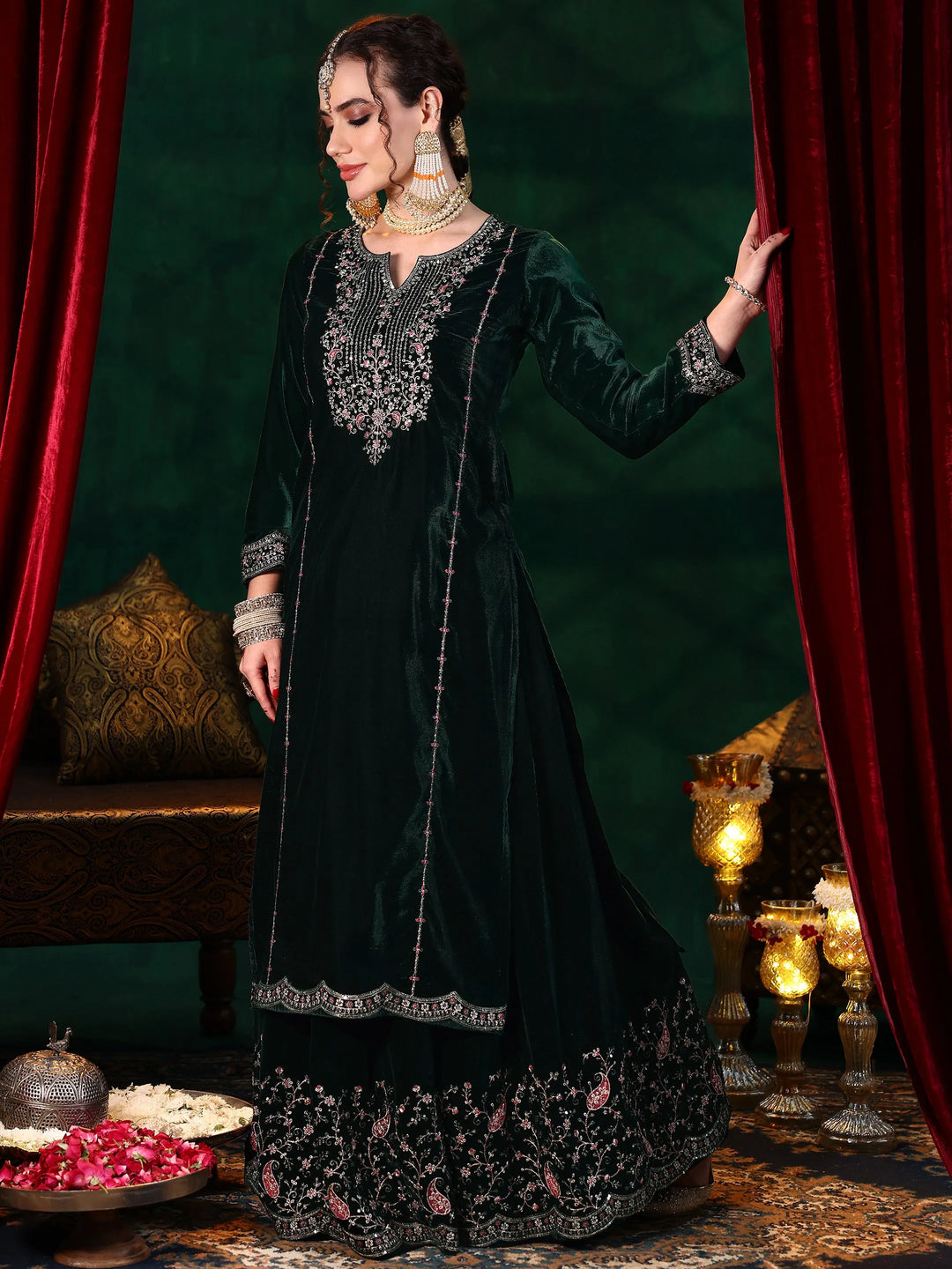  Green Embroidered Velvet Straight Suit With Dupatta 