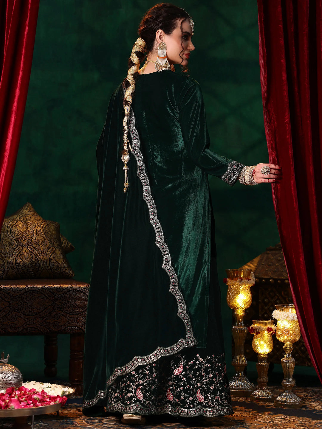  Green Embroidered Velvet Straight Suit With Dupatta 