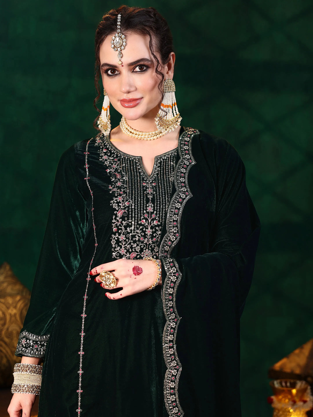  Green Embroidered Velvet Straight Suit With Dupatta 