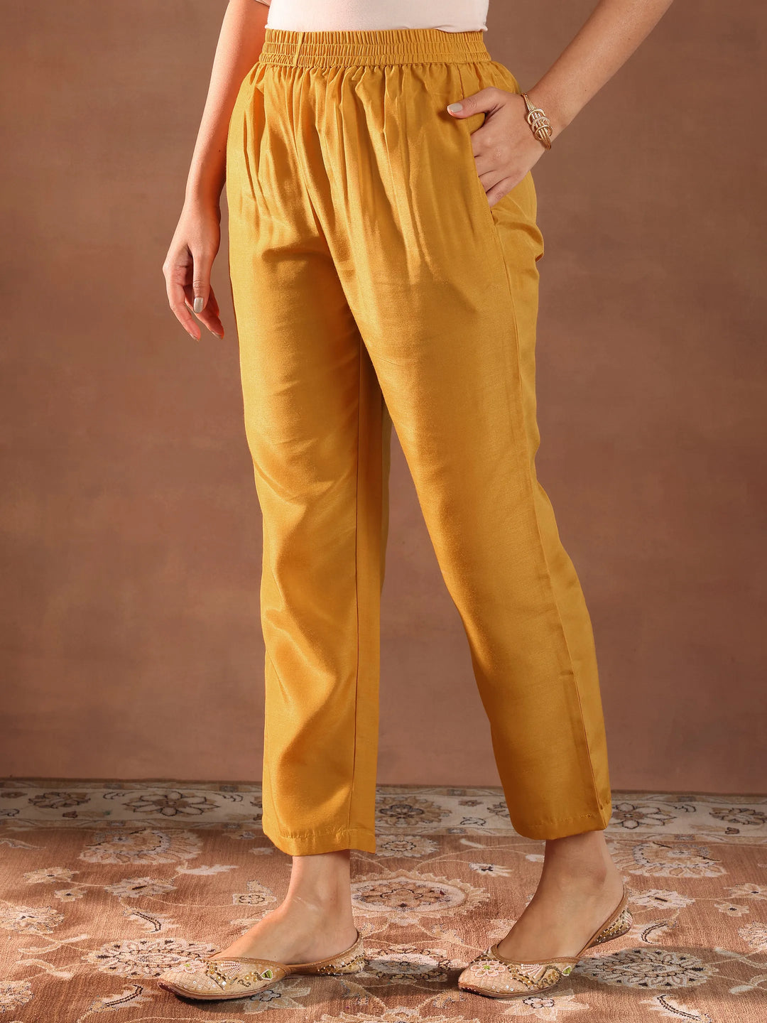  Mustard Printed Silk Blend Straight Suit With Dupatta 