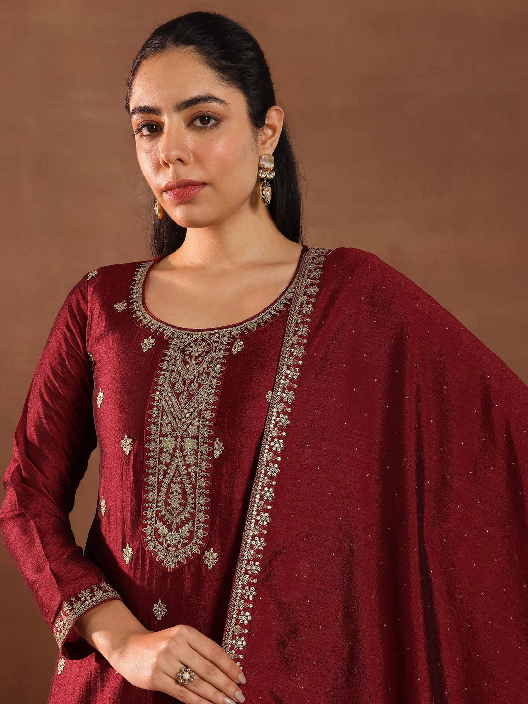  Maroon Embroidered Silk Blend Straight Suit With Dupatta 