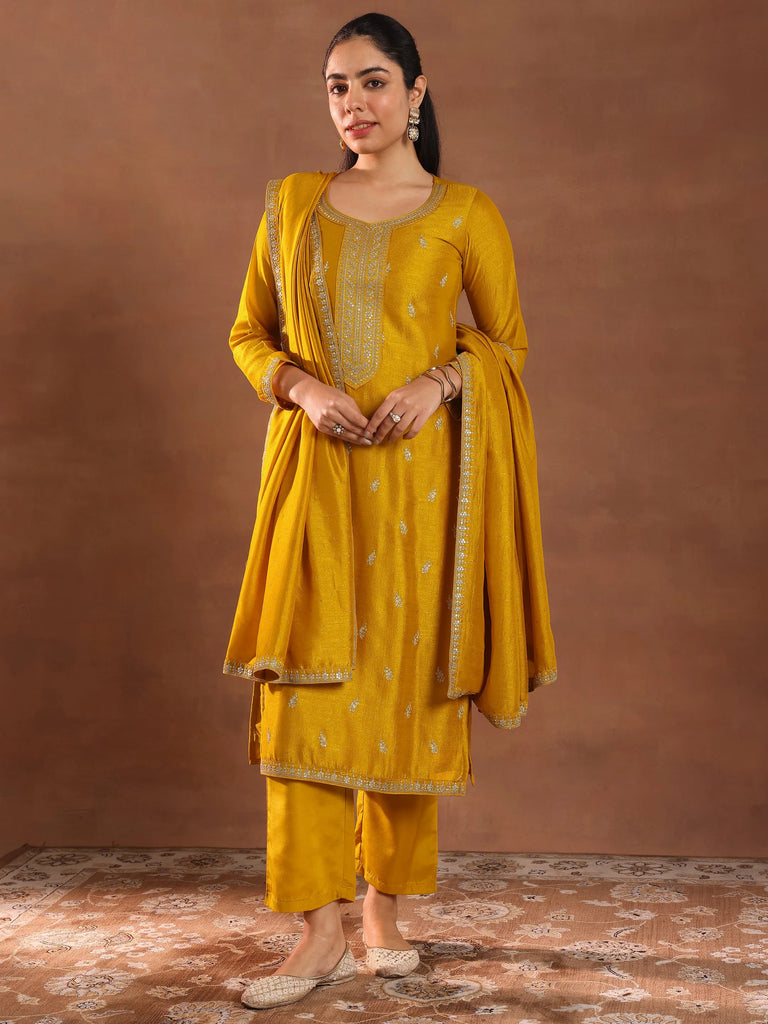 Libas Mustard Embroidered Silk Blend Straight Suit With Dupatta