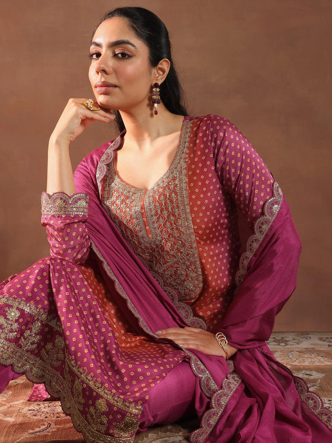 Pink Printed Silk Blend Straight Suit With Dupatta 