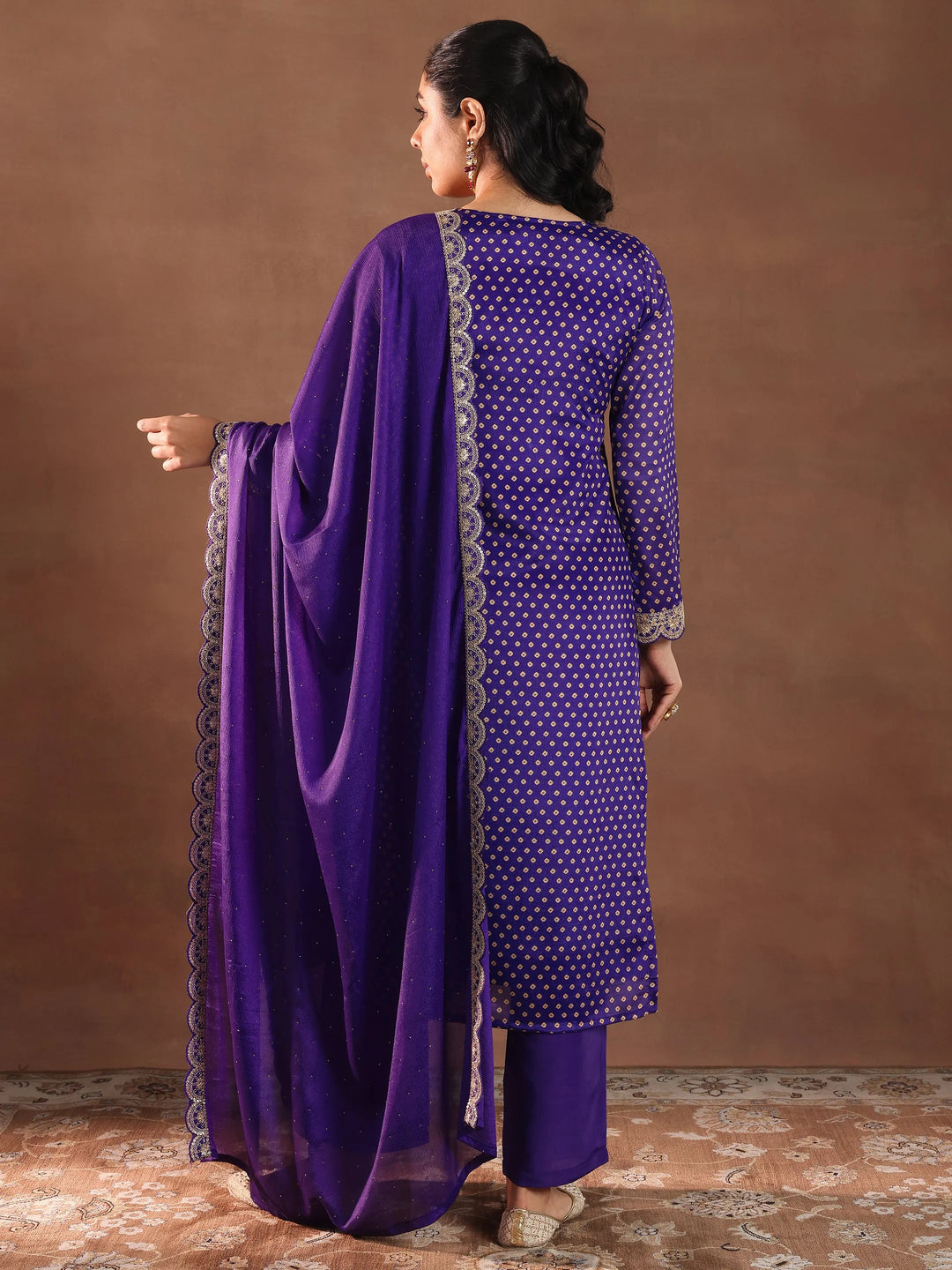  Purple Printed Silk Blend Straight Suit With Dupatta 
