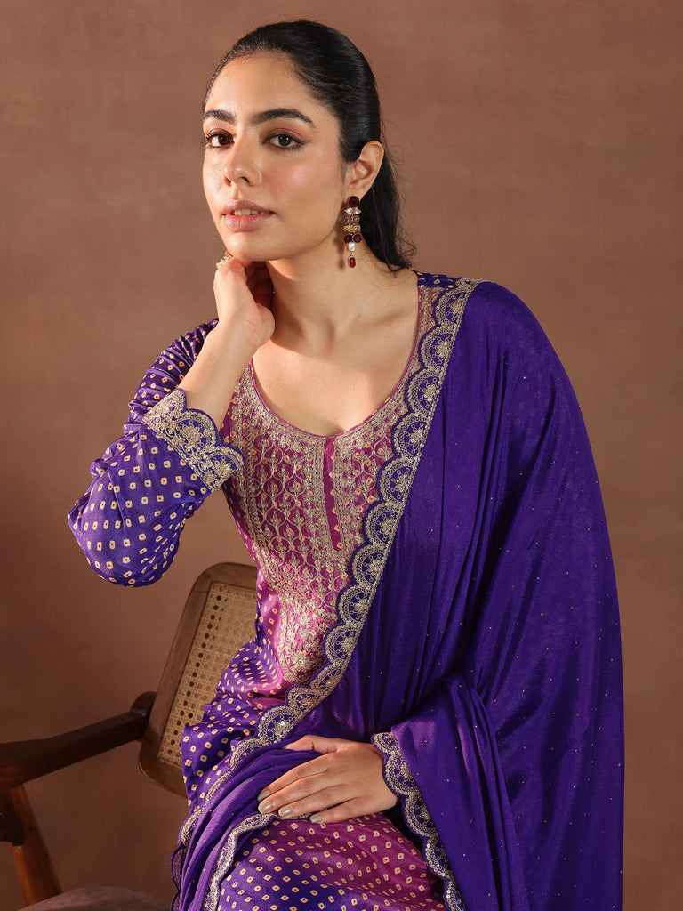 Libas Purple Printed Silk Blend Straight Suit With Dupatta