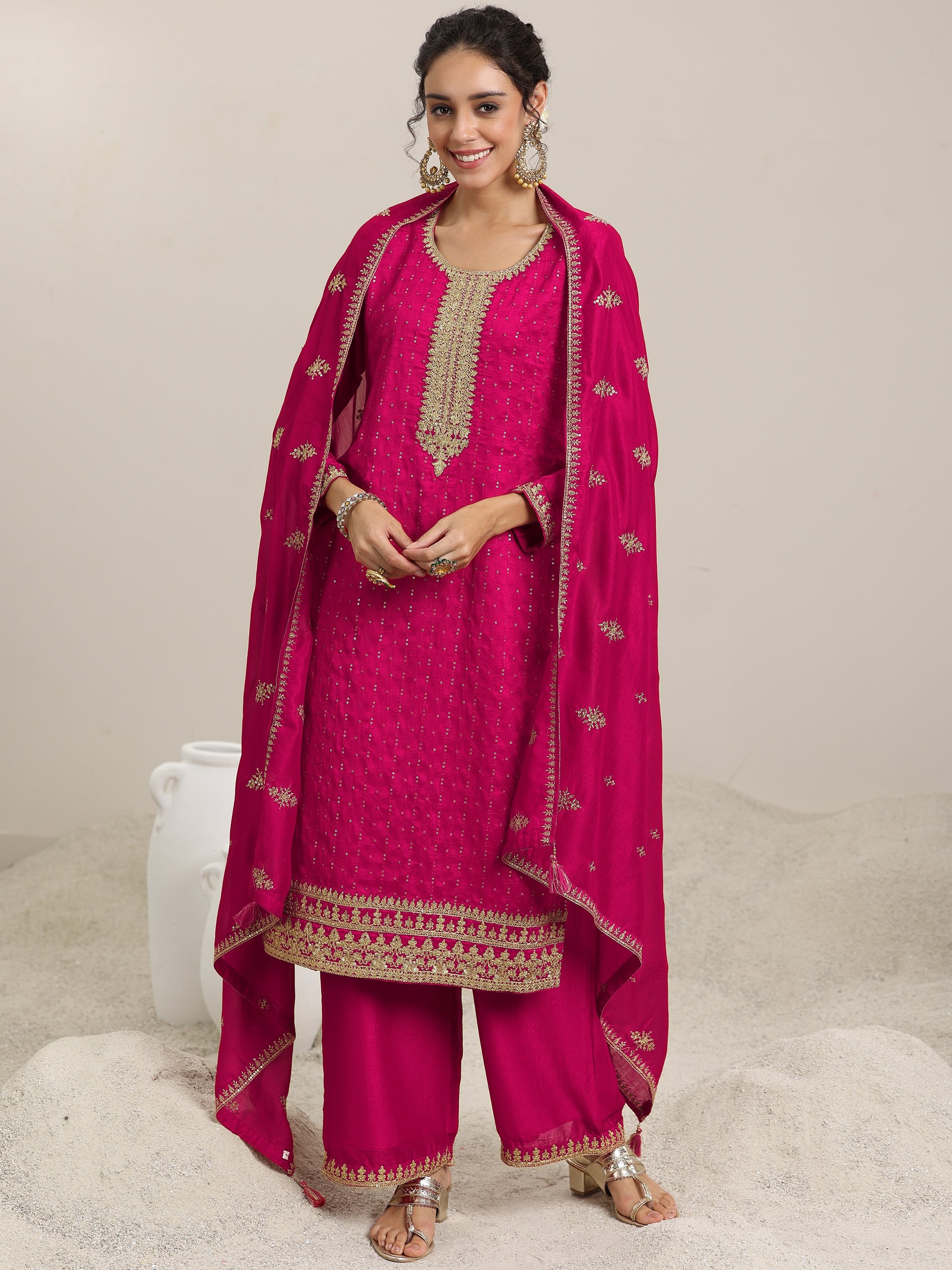 Pink Embellished Silk Blend Straight Kurta With Palazzos & Dupatta-image-47