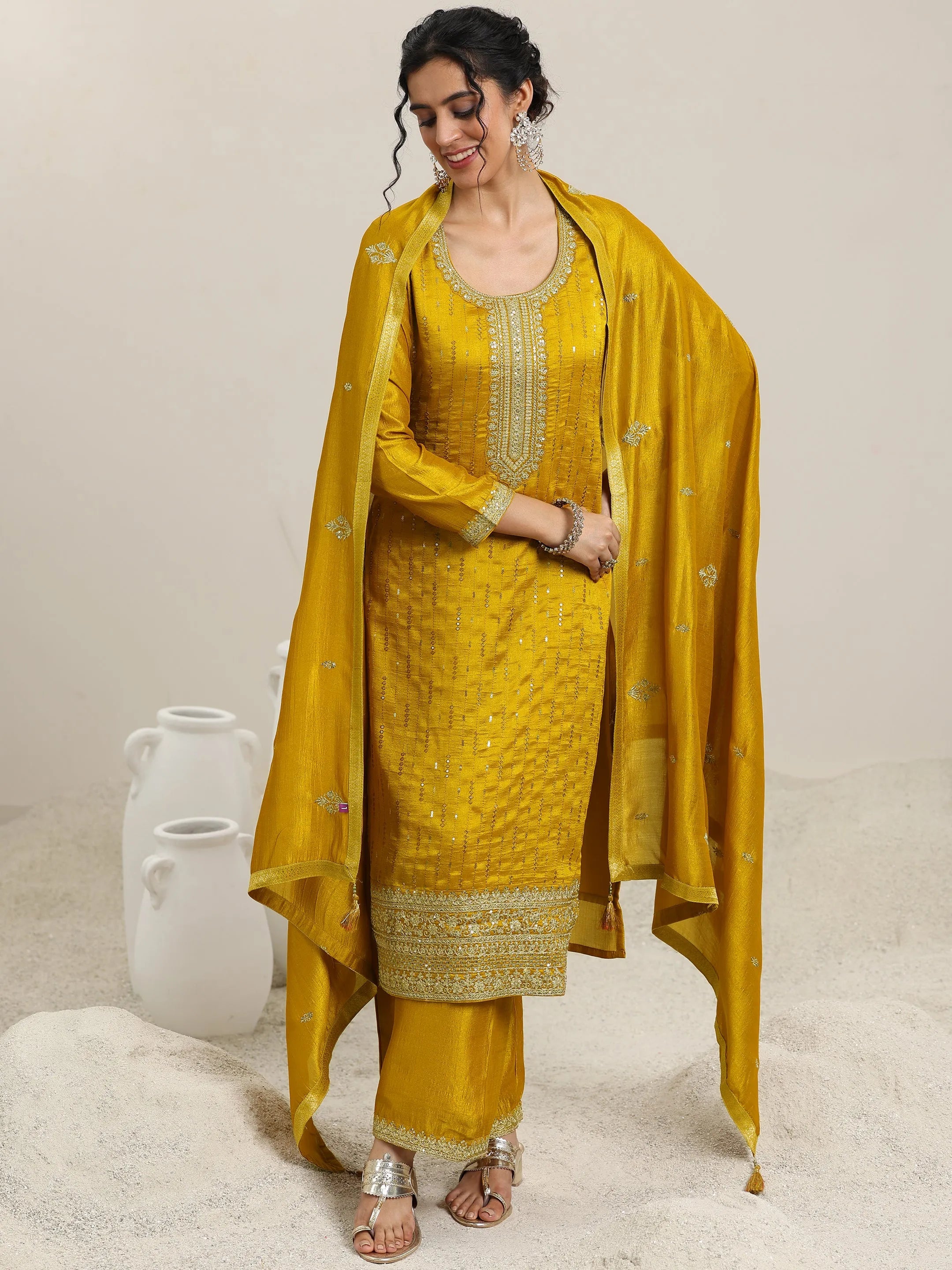 libas Mustard Embellished Silk Blend Straight Kurta With Palazzos & Dupatta-picture-29