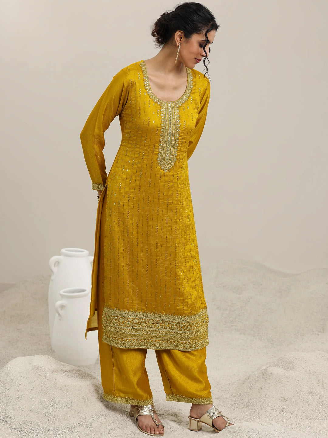  Mustard Embellished Silk Blend Straight Kurta With Palazzos & Dupatta 