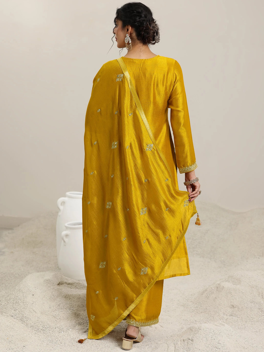  Mustard Embellished Silk Blend Straight Kurta With Palazzos & Dupatta 