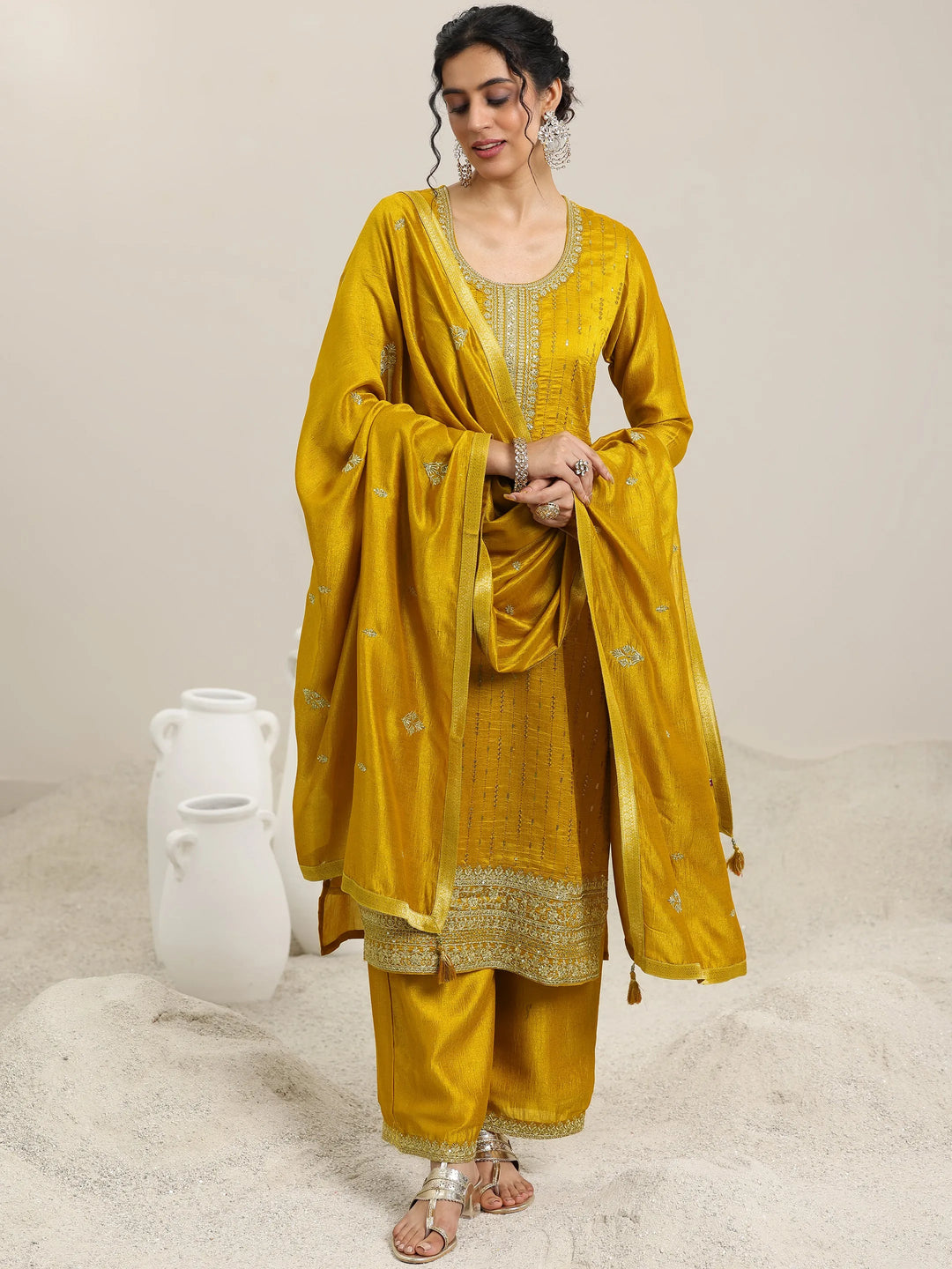  Mustard Embellished Silk Blend Straight Kurta With Palazzos & Dupatta 