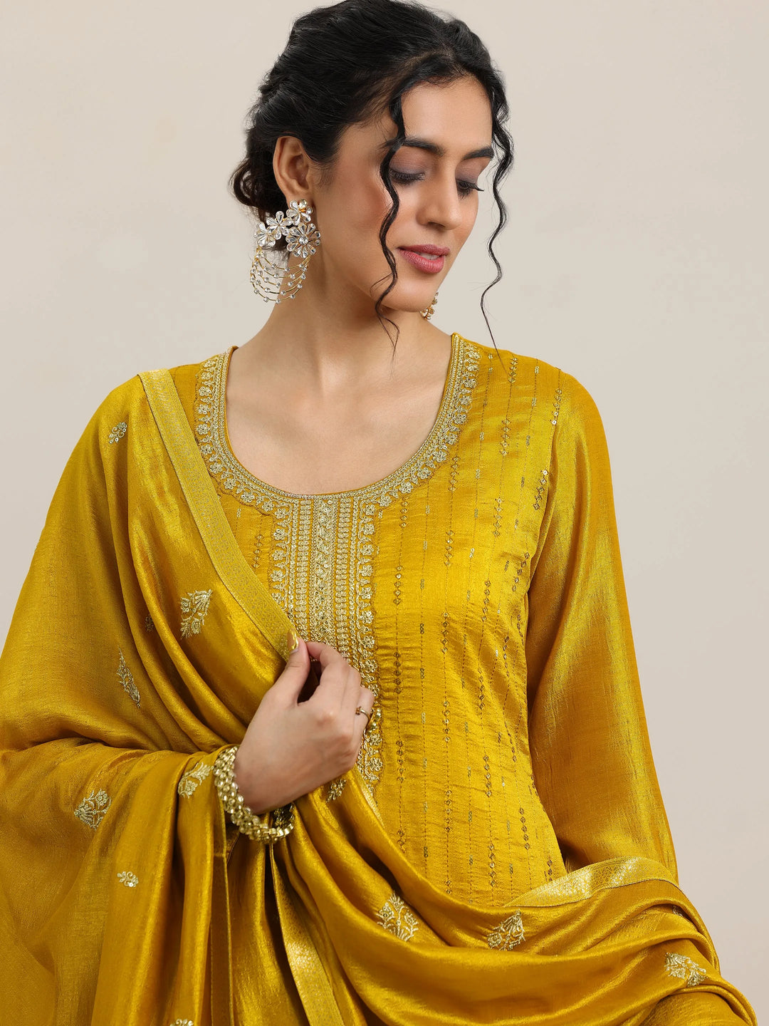  Mustard Embellished Silk Blend Straight Kurta With Palazzos & Dupatta 