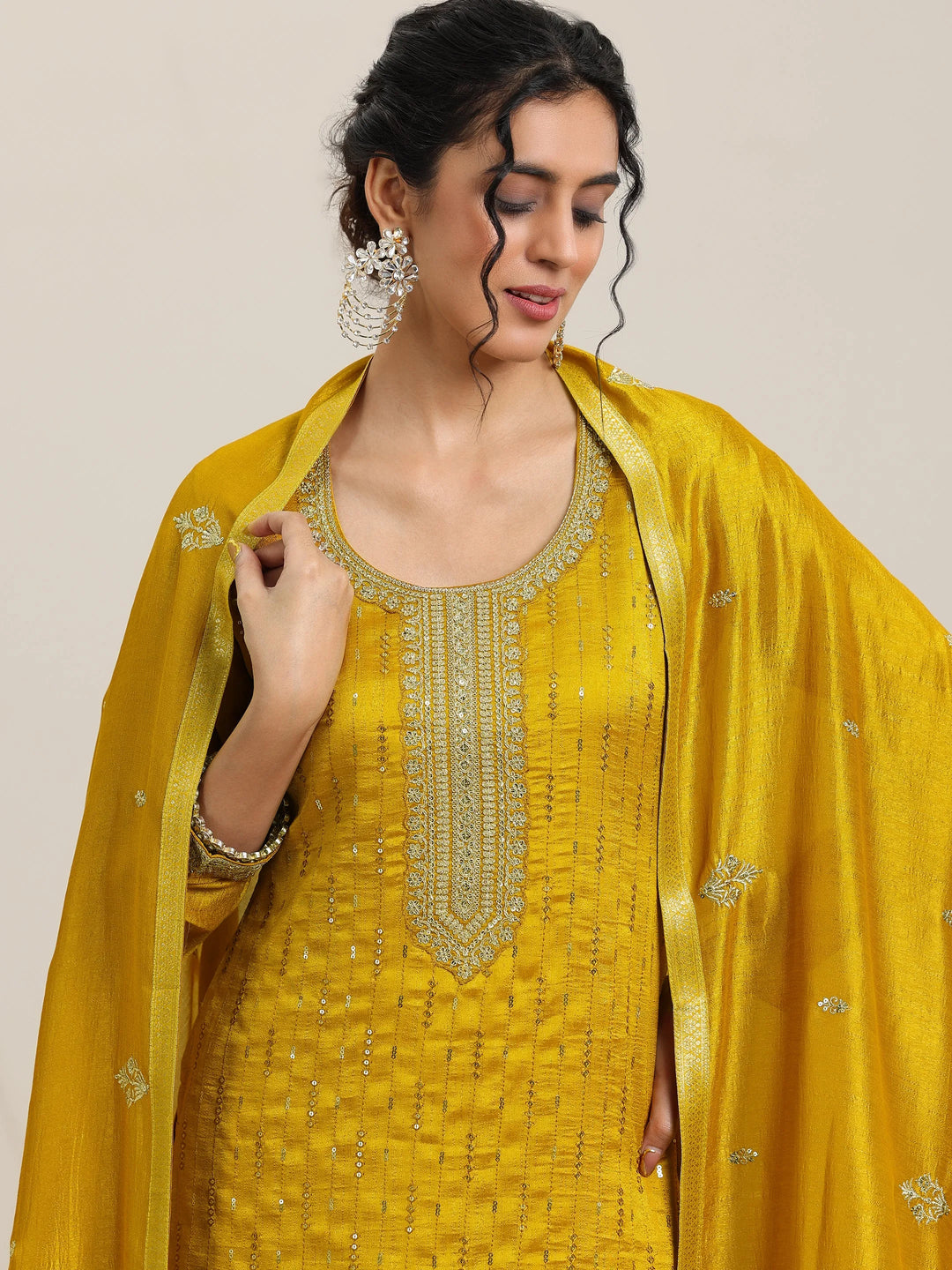  Mustard Embellished Silk Blend Straight Kurta With Palazzos & Dupatta 