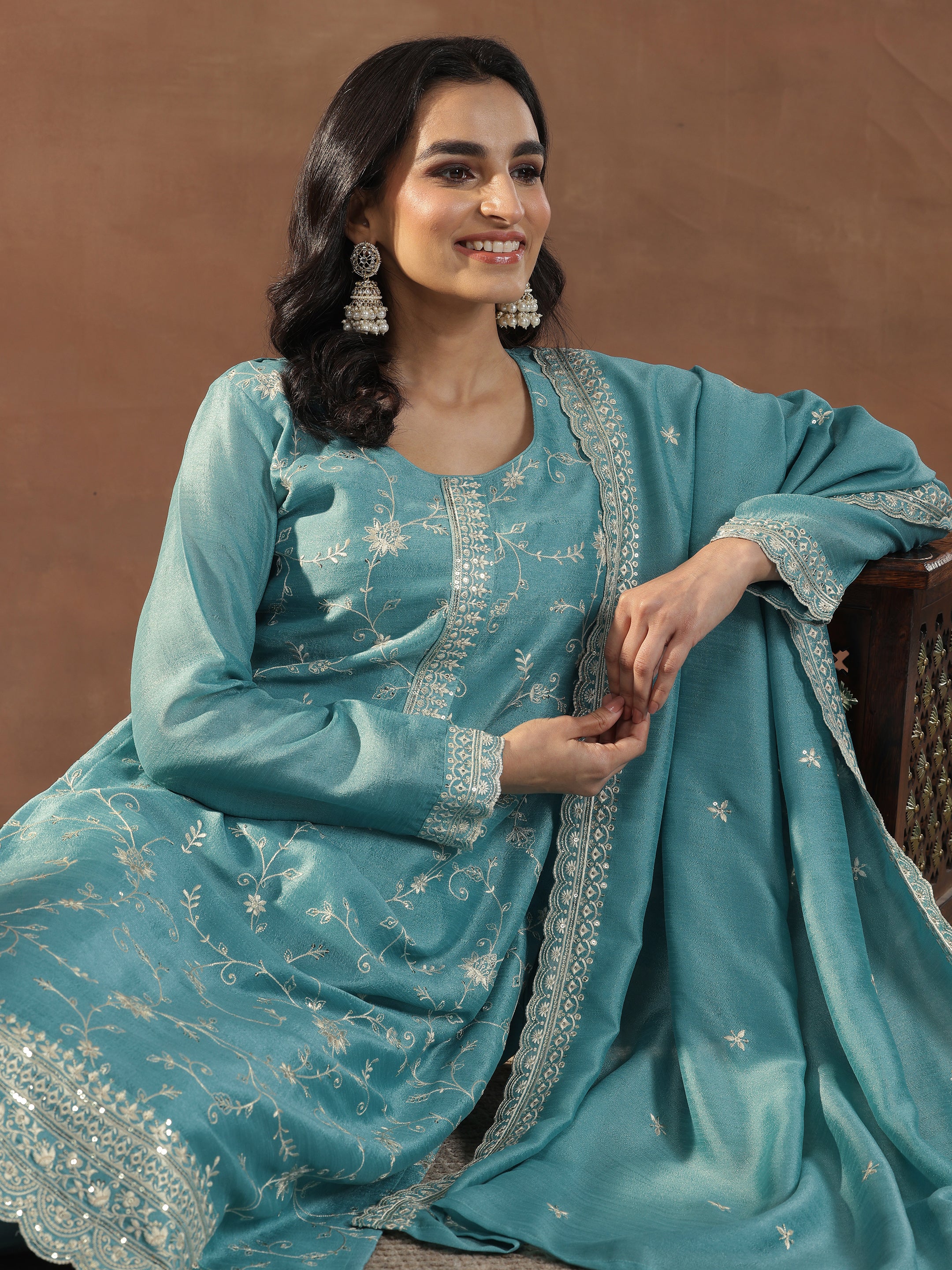 libas Blue Embroidered Silk Blend Straight Suits With Dupatta-picture-16