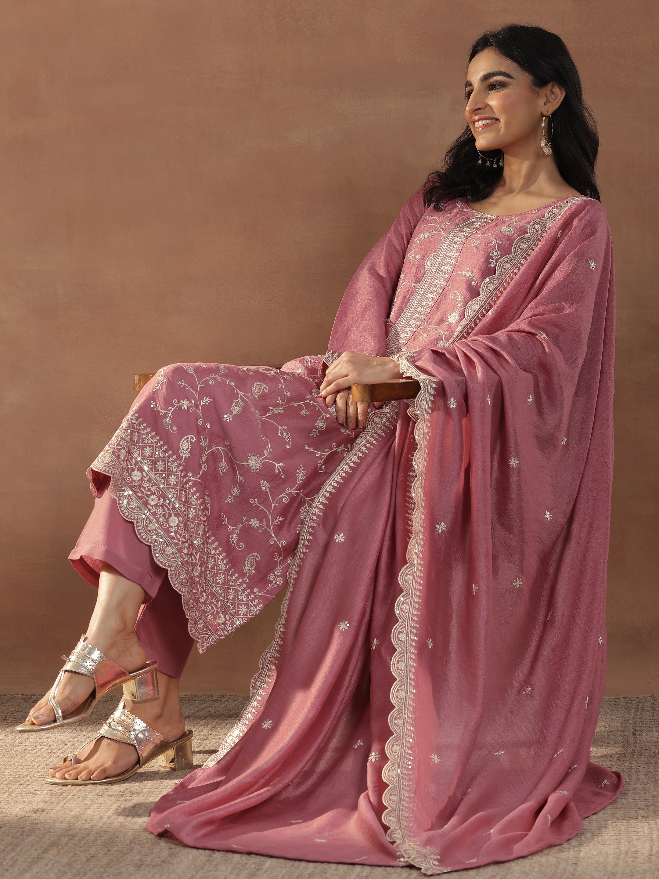 libas Pink Embroidered Silk Blend Straight Suits With Dupatta-picture-15