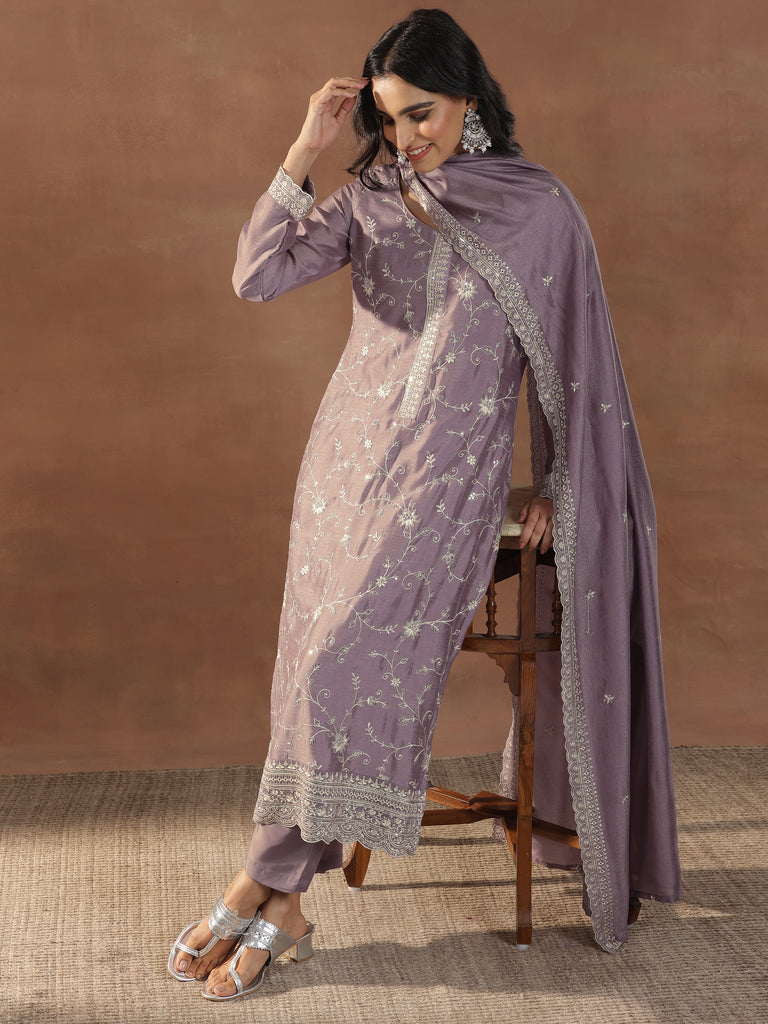 Libas Mauve Embroidered Silk Blend Straight Suit Set With Dupatta