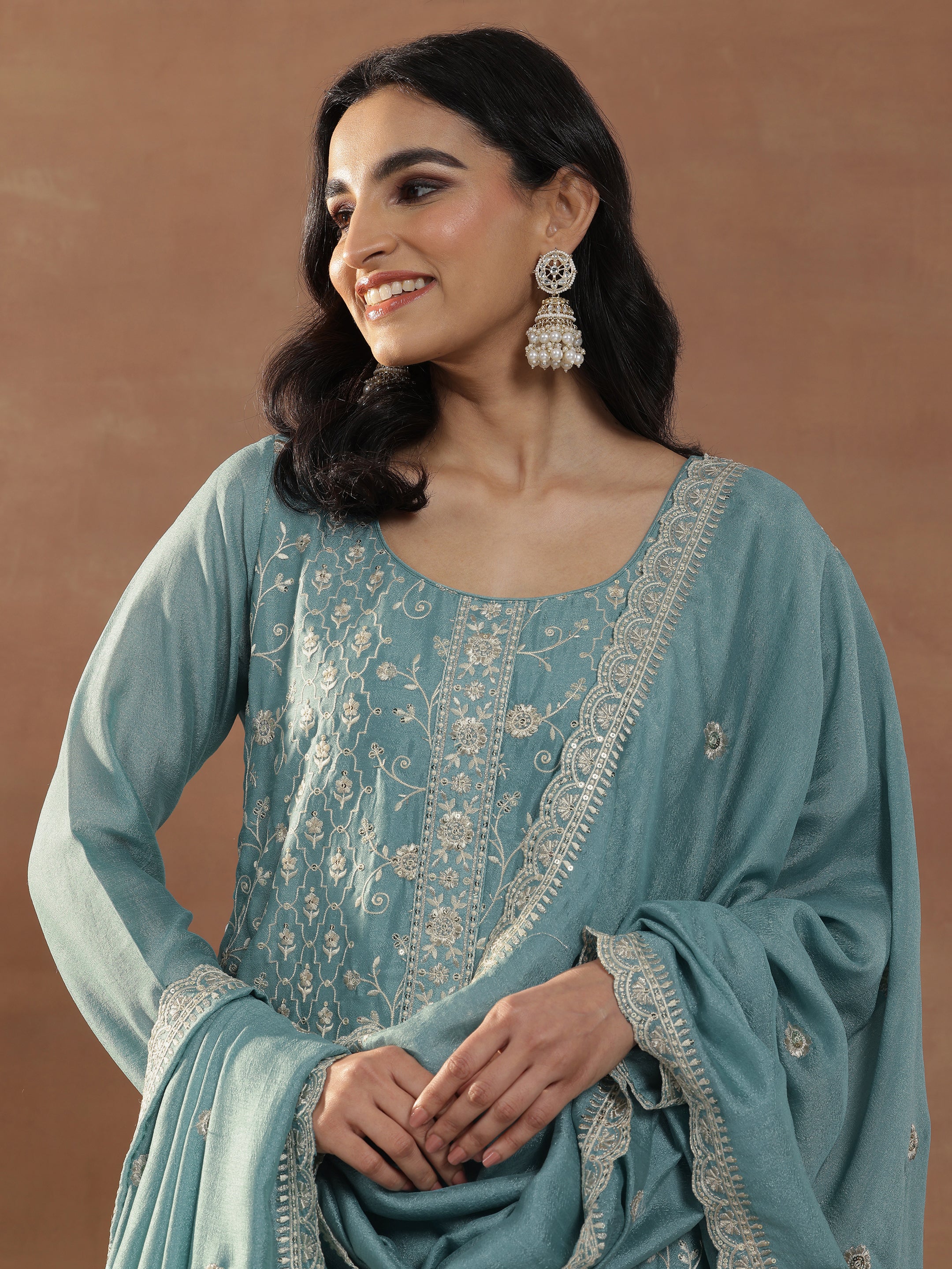 libas Blue Embroidered Silk Blend Straight Suits With Dupatta-picture-48