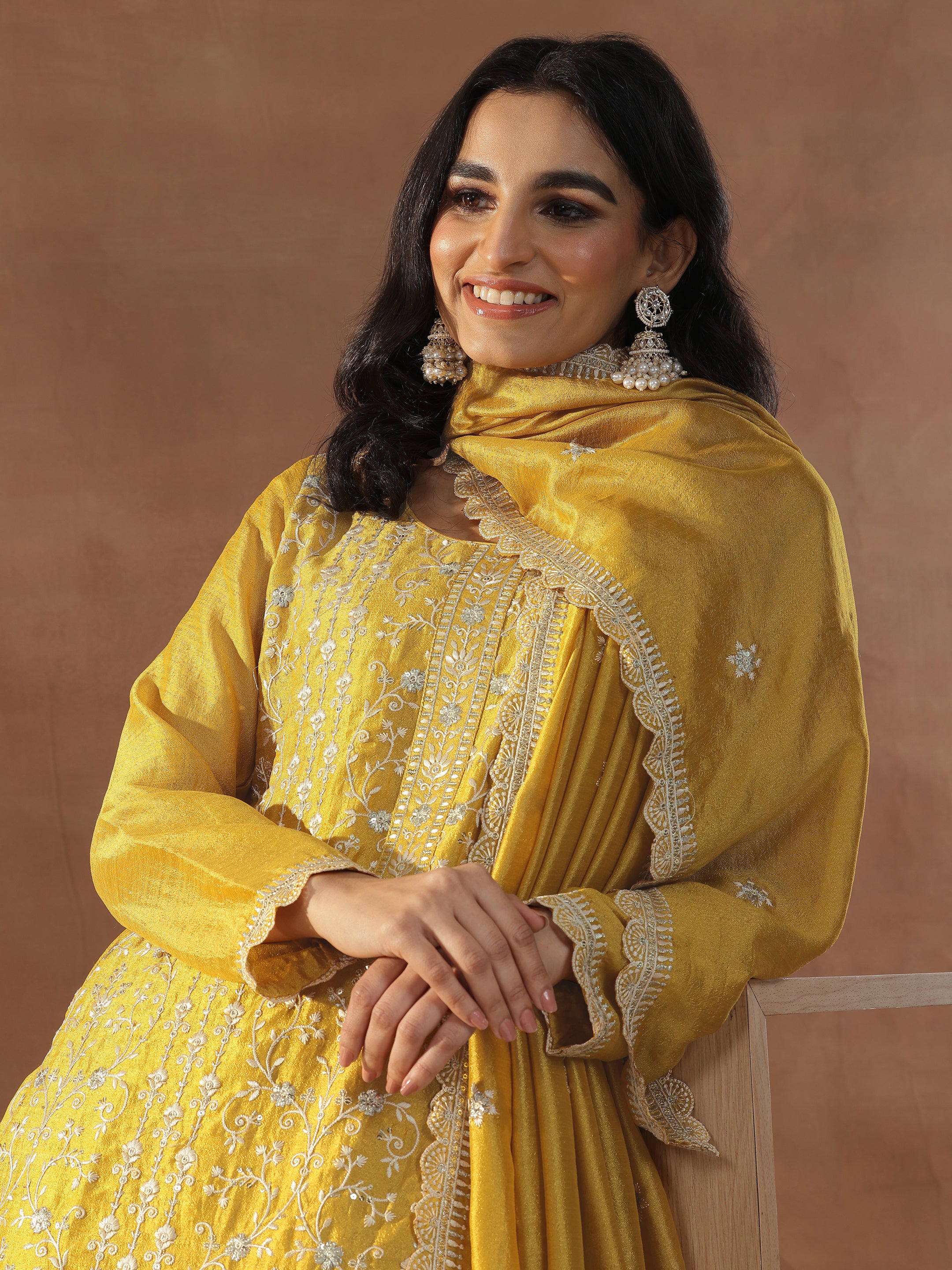 libas Mustard Embroidered Silk Blend Straight Suits With Dupatta-picture-41