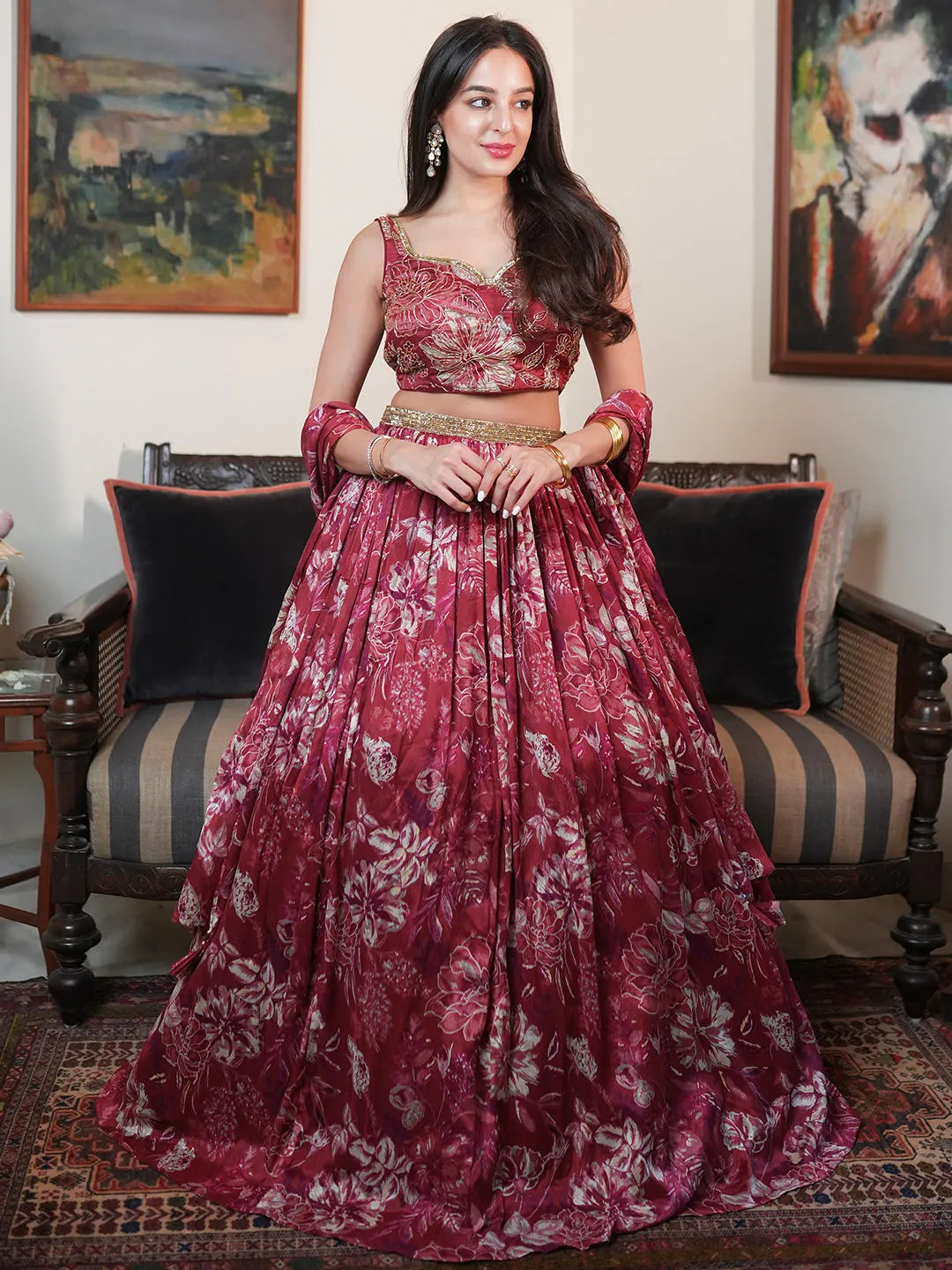  Libas Art Maroon Hand Embroidered Chinon Chiffon Lehenga Set 