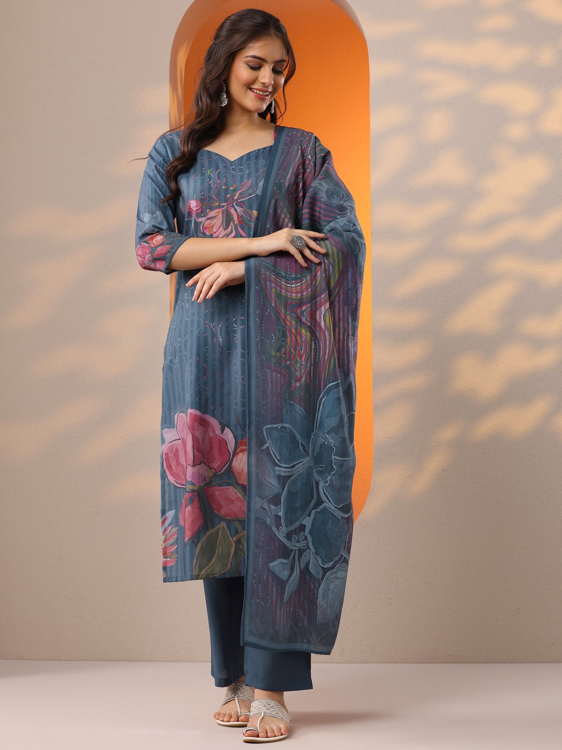 Blue Printed Silk Blend Straight Suit Set With Dupatta